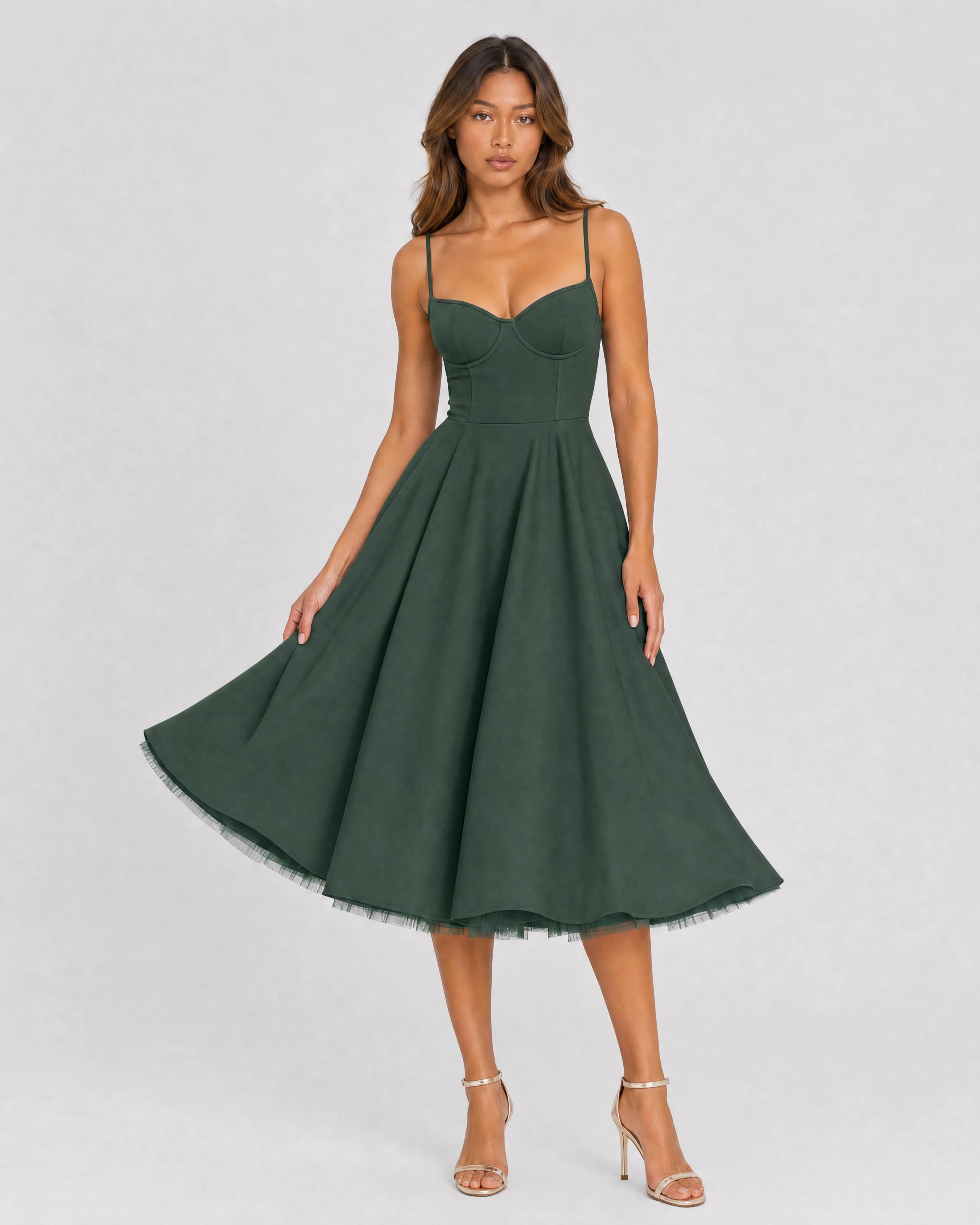 Mirabelle sweetheart tulle midi dress in forest green, front studio