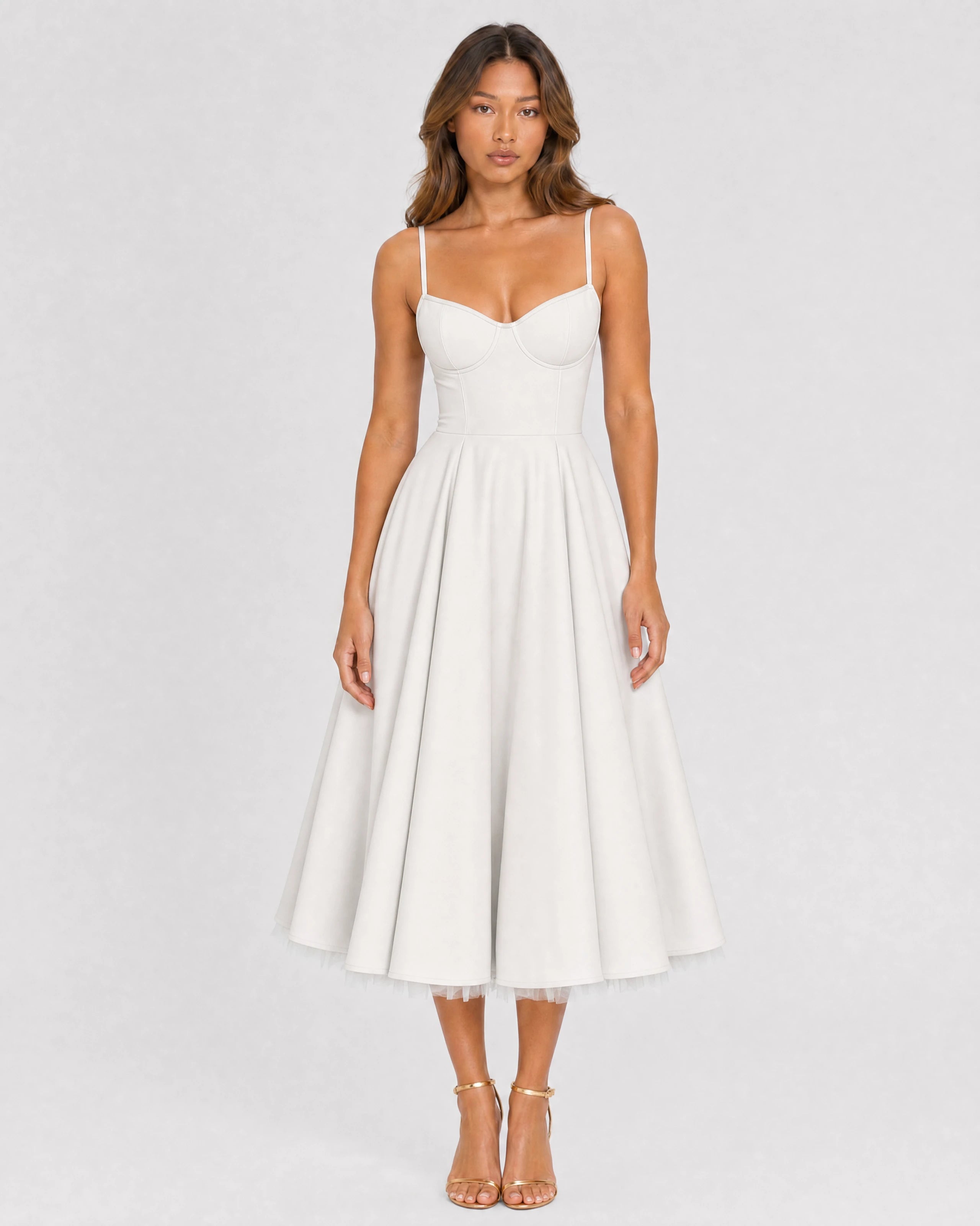 Mirabelle sweetheart tulle midi dress in white, front studio