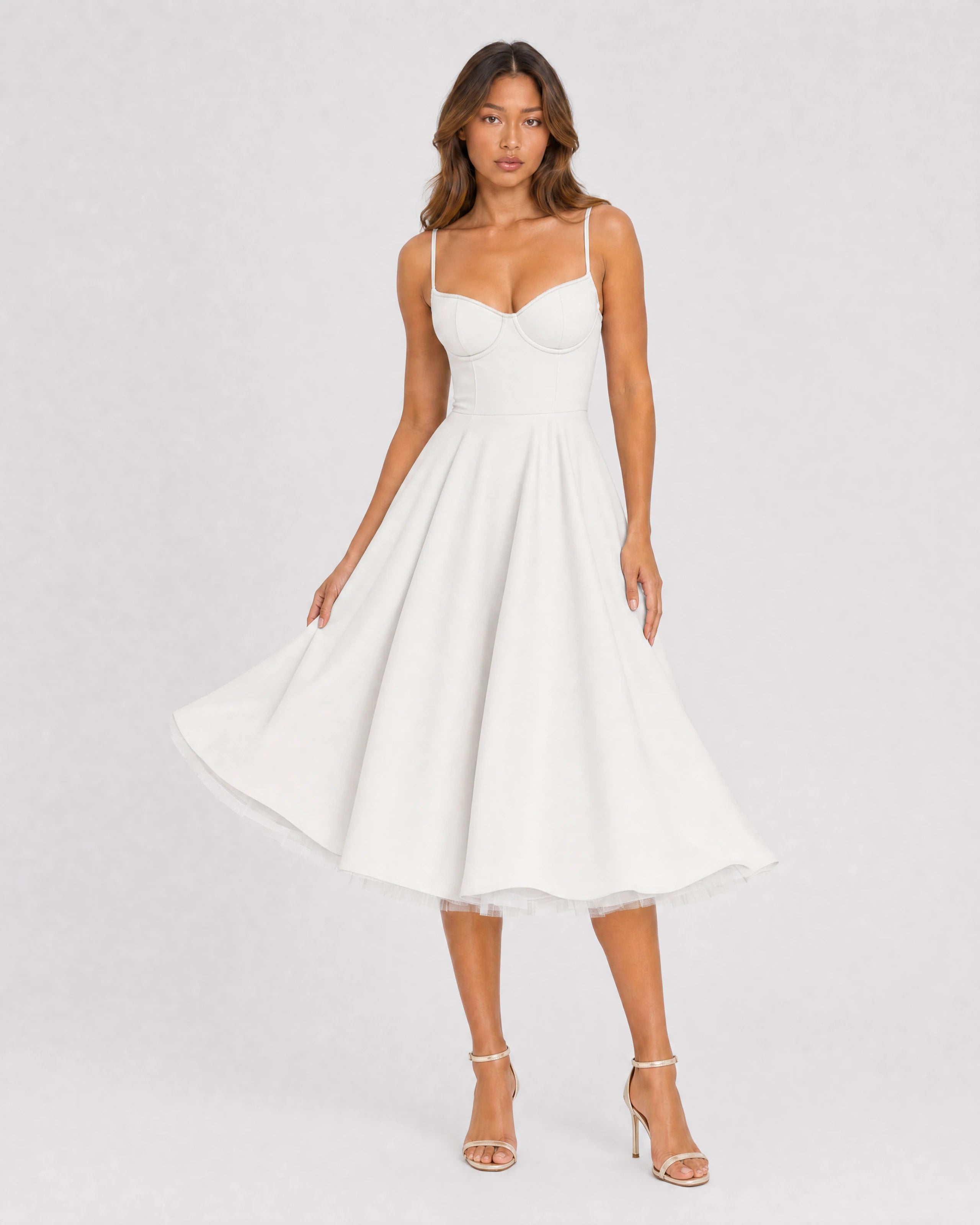 Mirabelle sweetheart tulle midi dress in white, skirt in motion