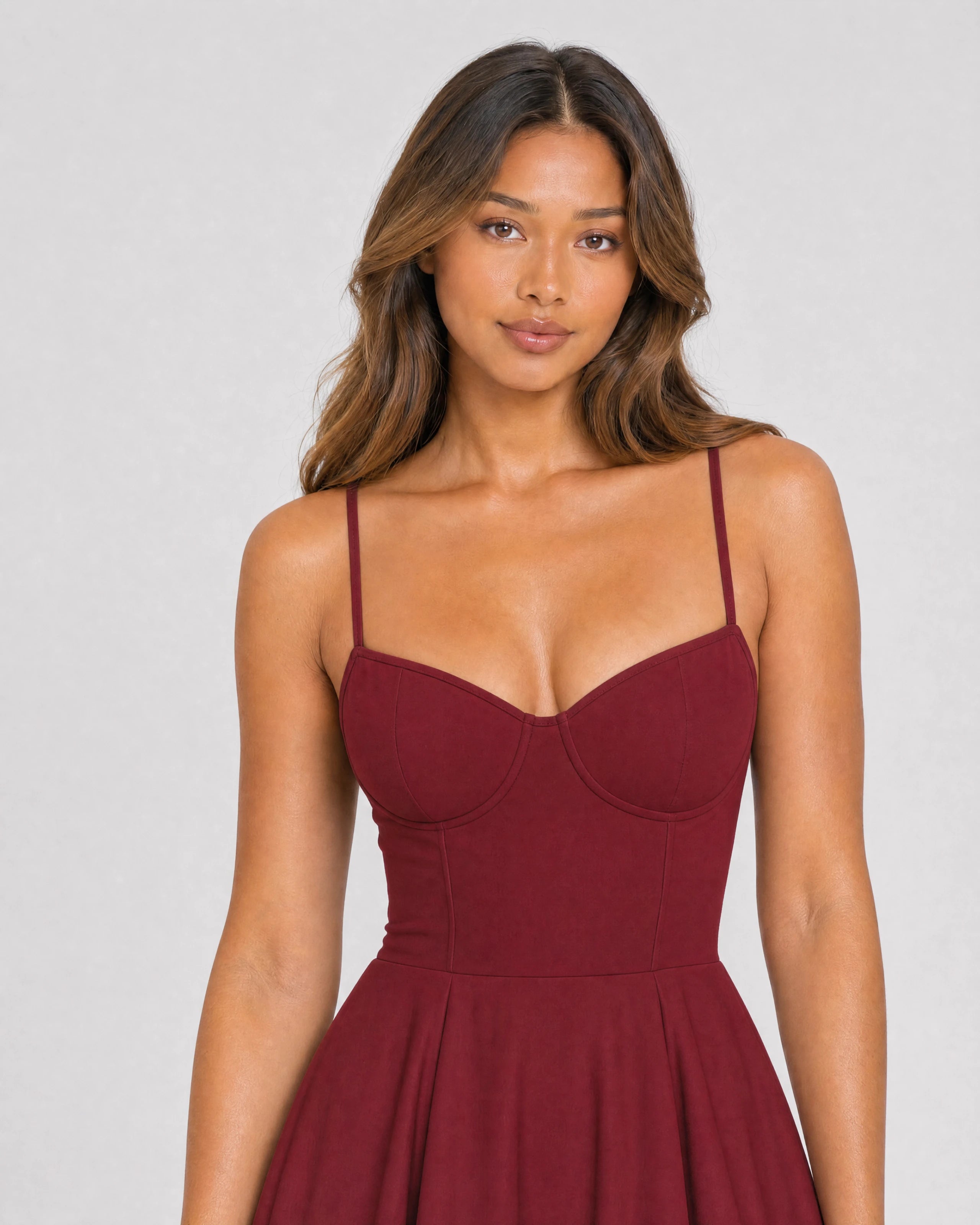 Mirabelle sweetheart tulle midi dress in wine red, bodice close-up