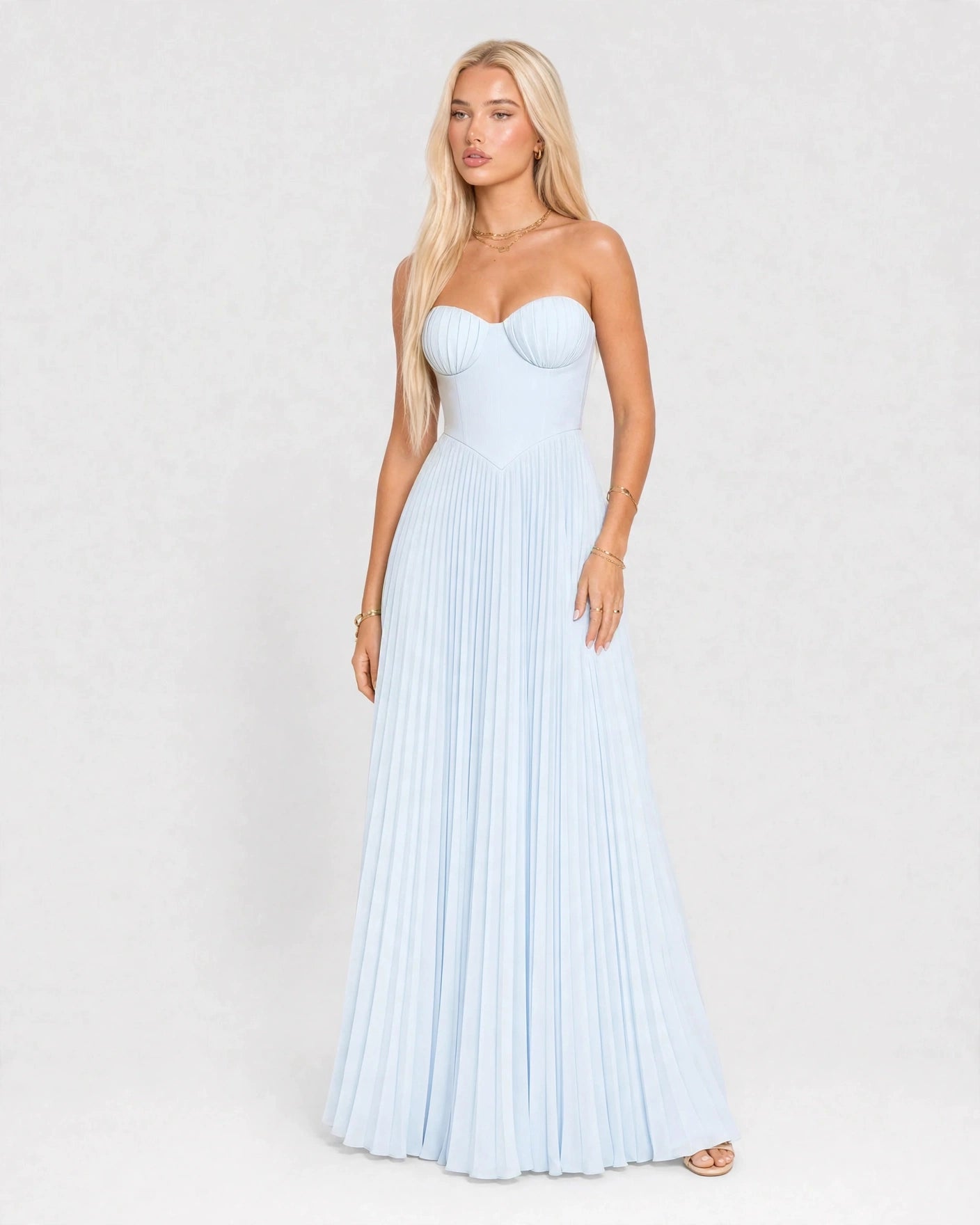 Noelle sky blue pleated maxi dress, front view