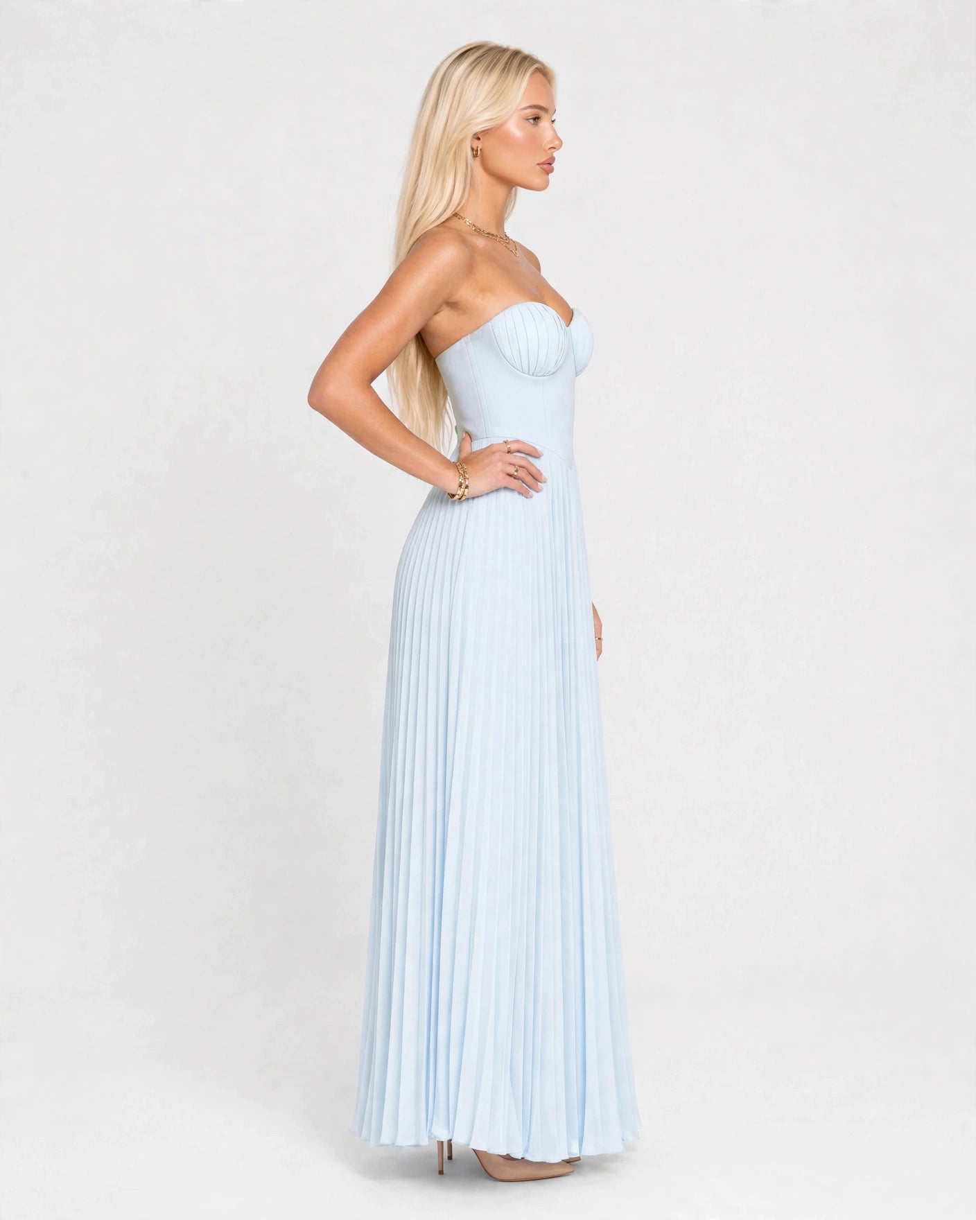 Noelle sky blue pleated maxi dress, side view