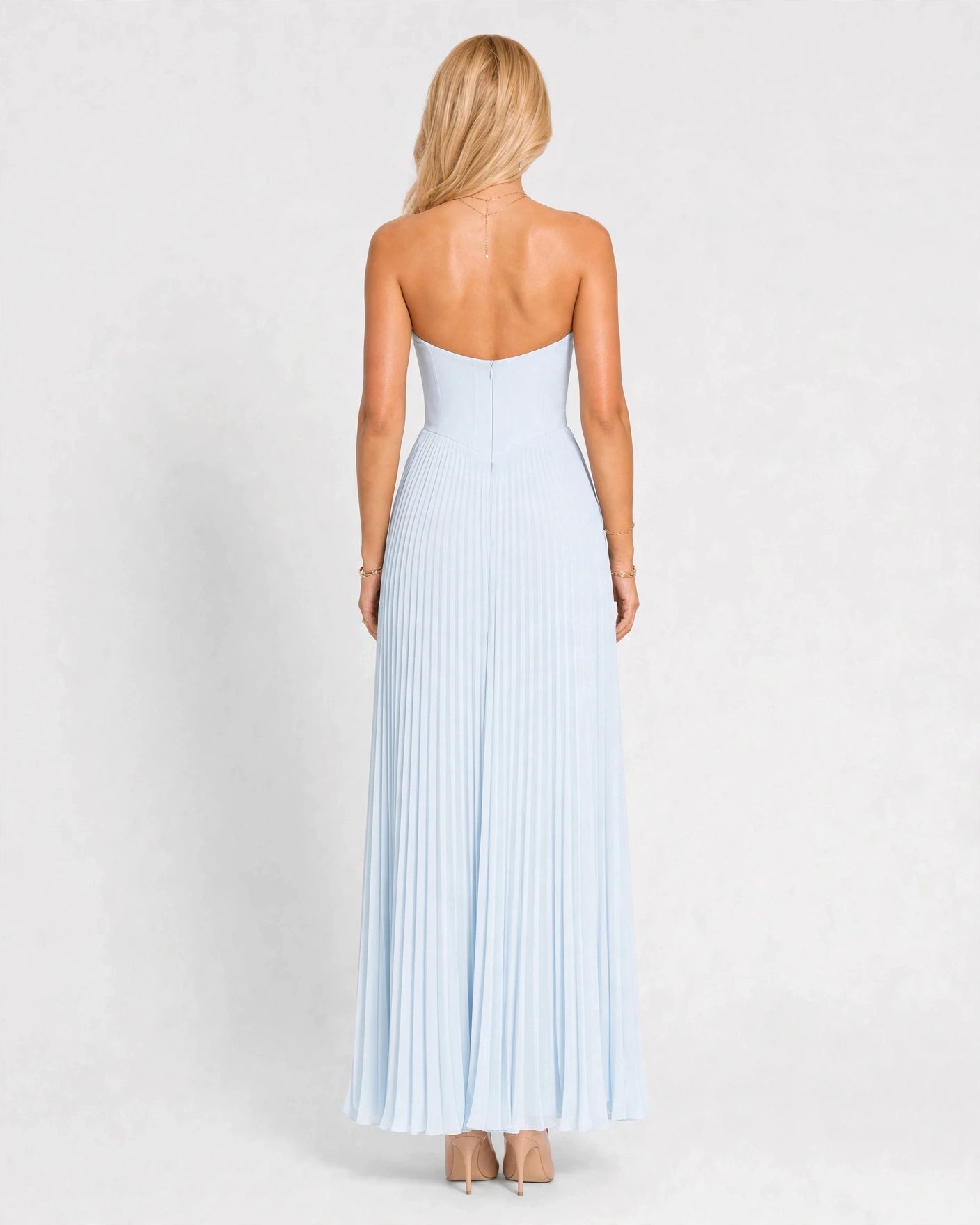 Noelle sky blue pleated maxi dress, back view