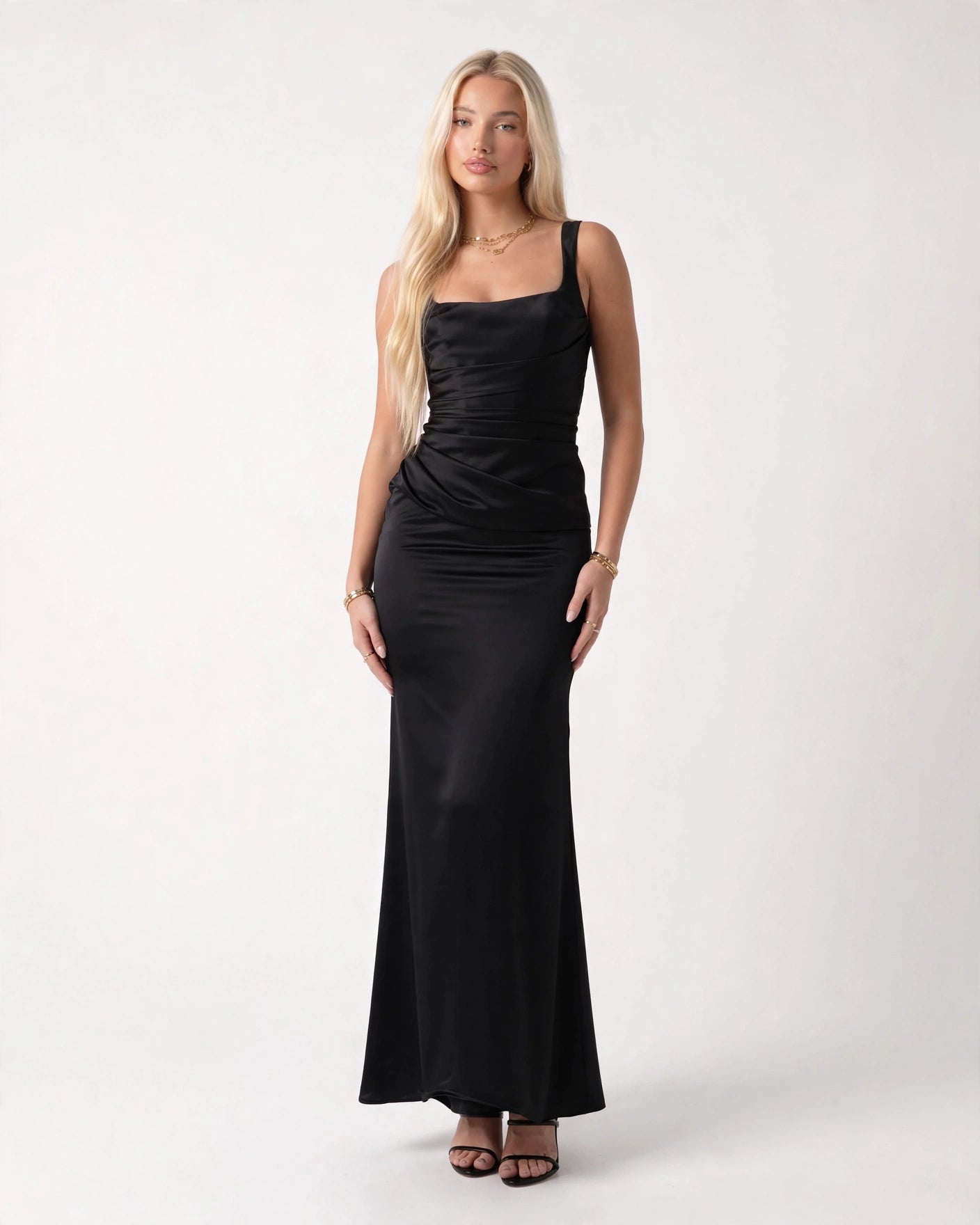 Nora black satin column maxi gown with draped bodice, front view