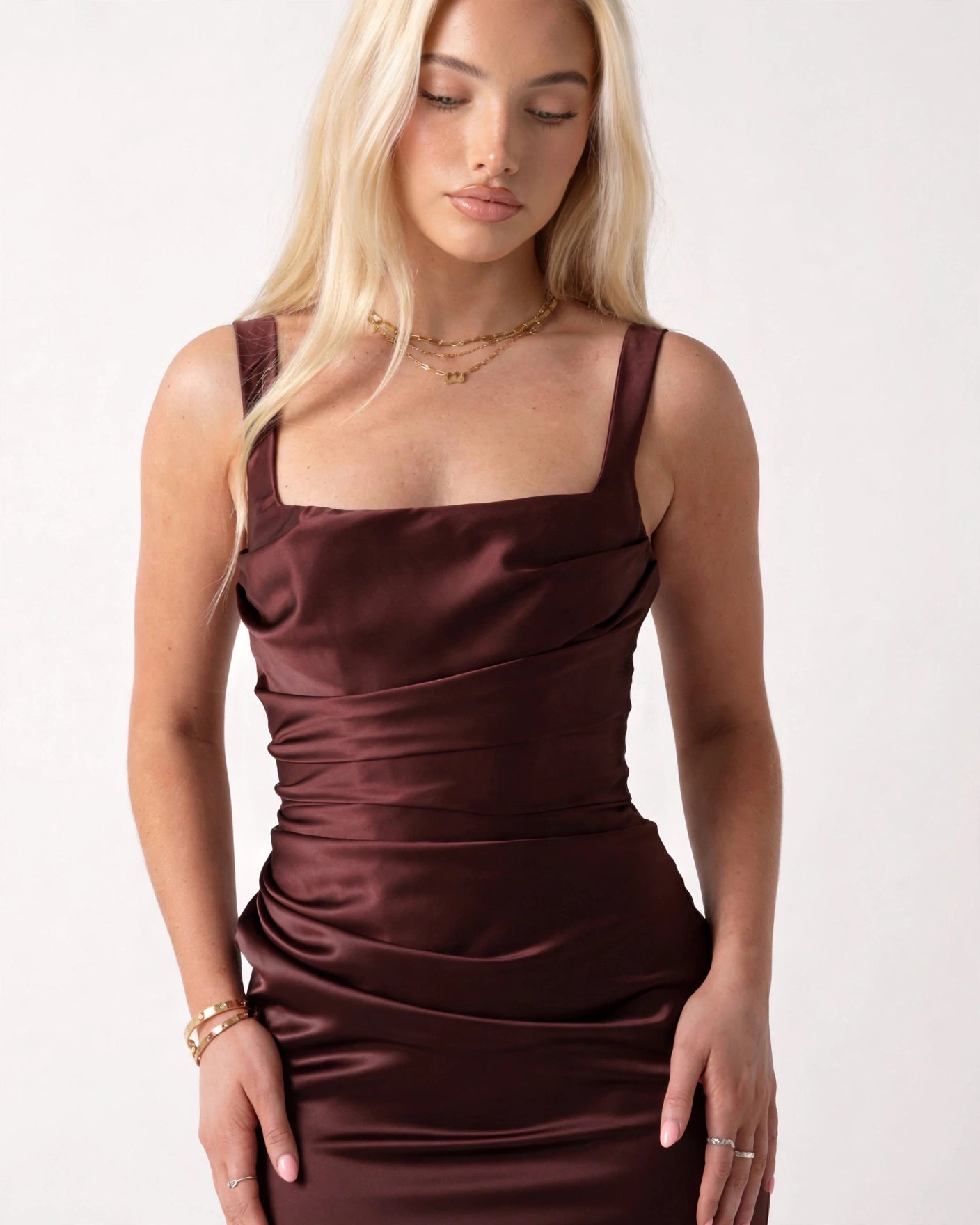 Nora brown satin gown square neckline and draped bodice close-up