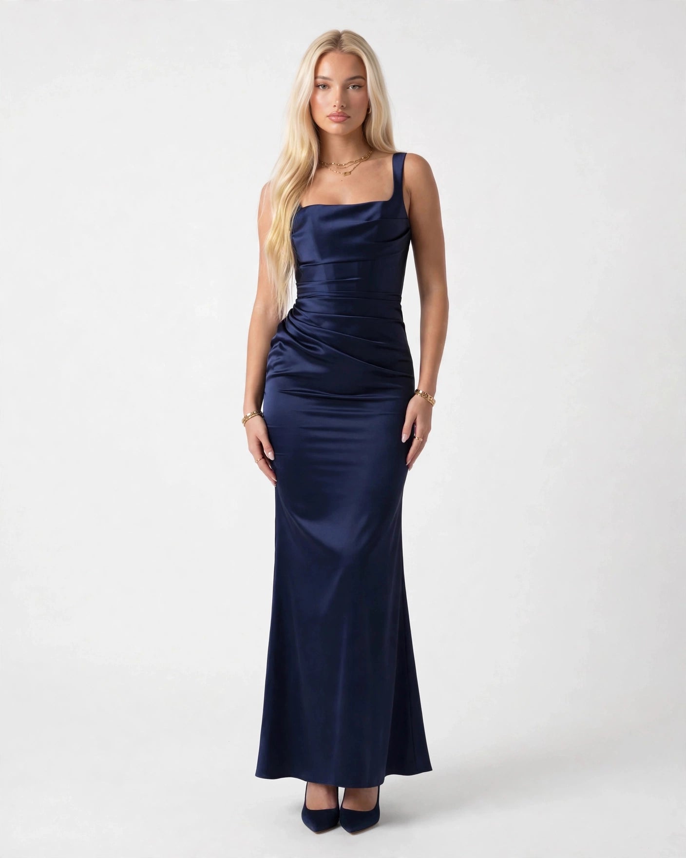 Nora navy blue satin column maxi gown with draped bodice, front view