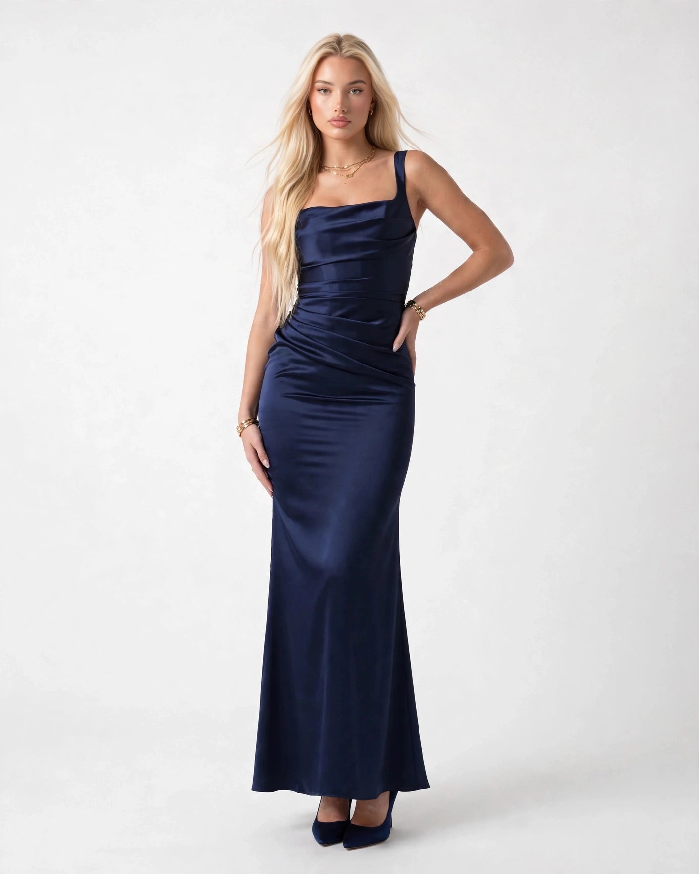 Nora navy blue satin column maxi gown, front view