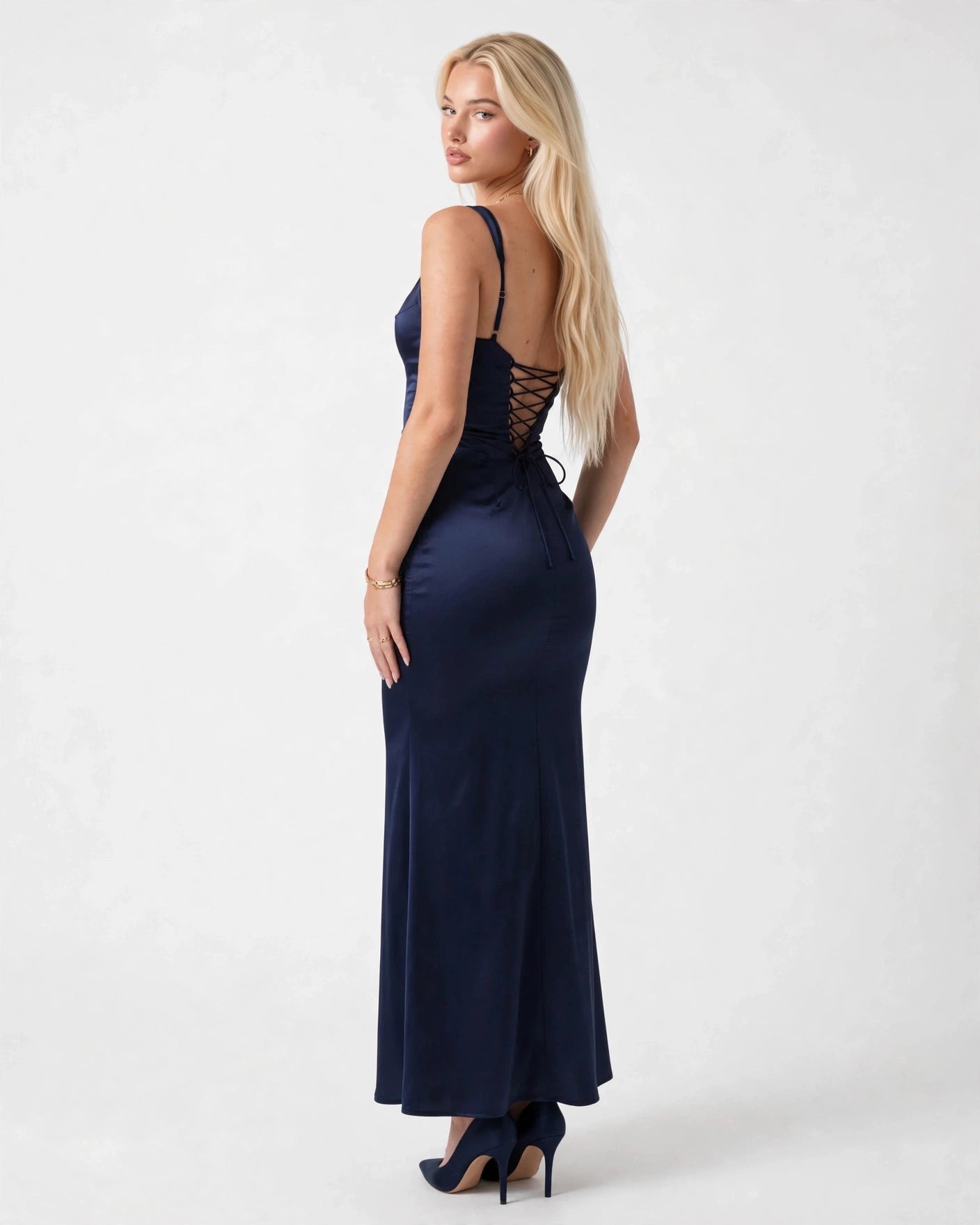 Nora navy blue satin column maxi gown lace-up back, three-quarter view