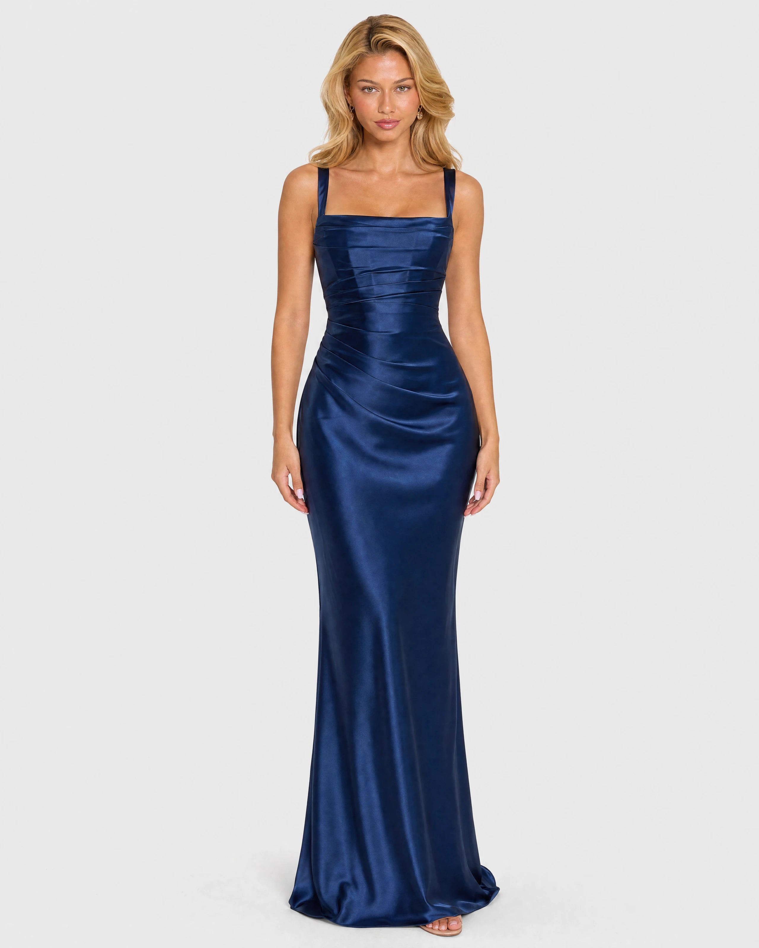 Nora navy blue satin column gown - front