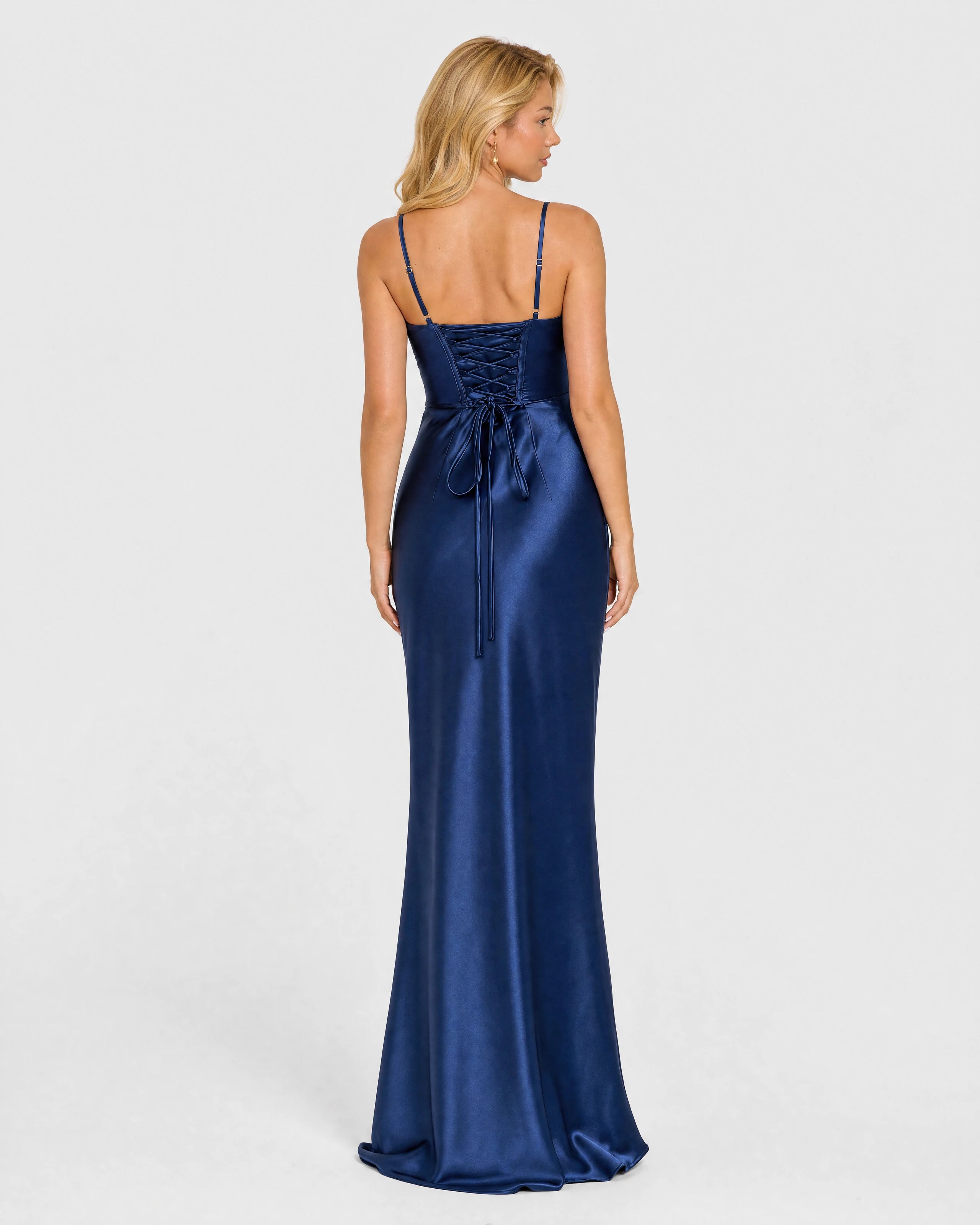 Nora navy blue satin column gown - back with lace-up