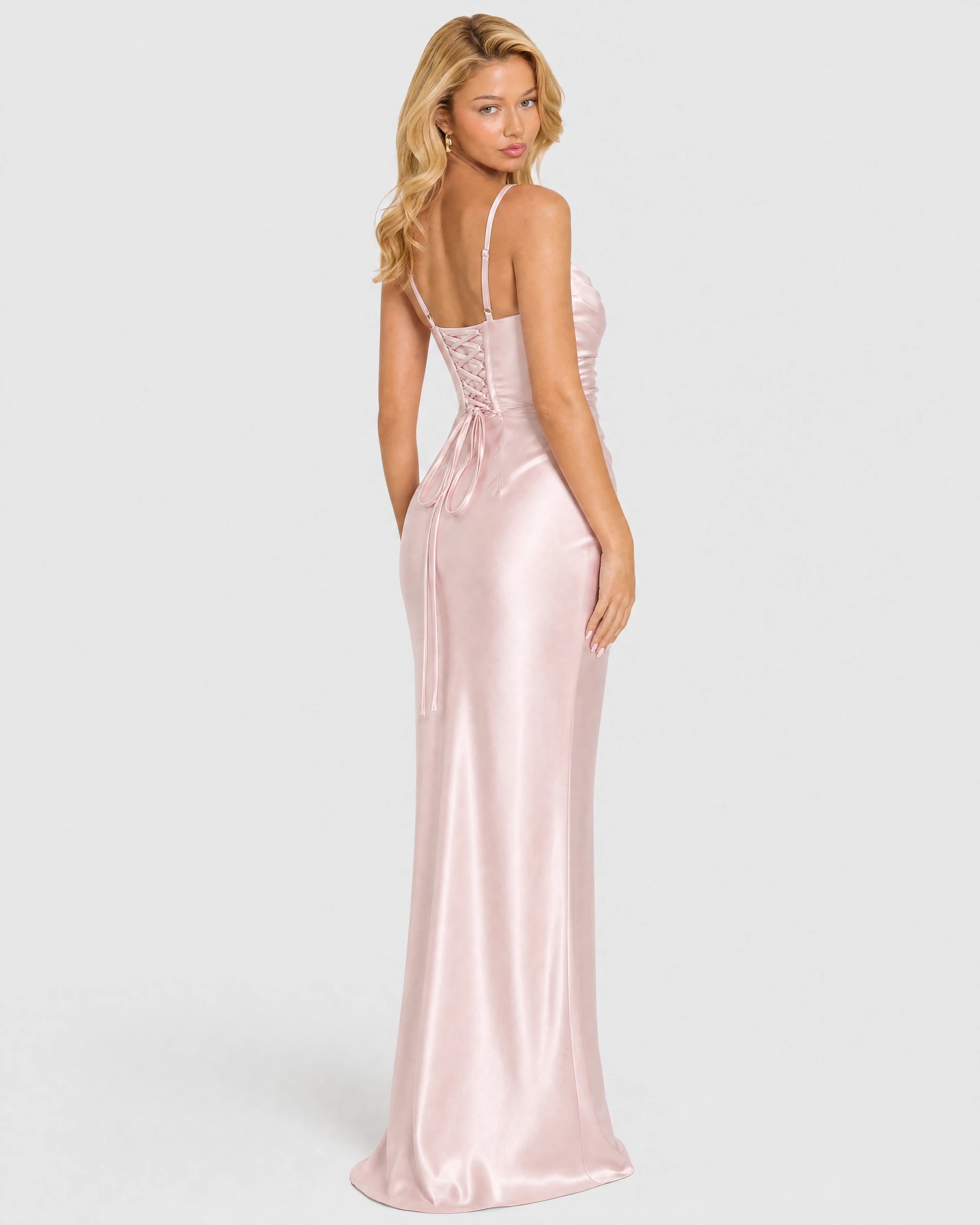 Nora soft pink satin column gown - back with lace-up