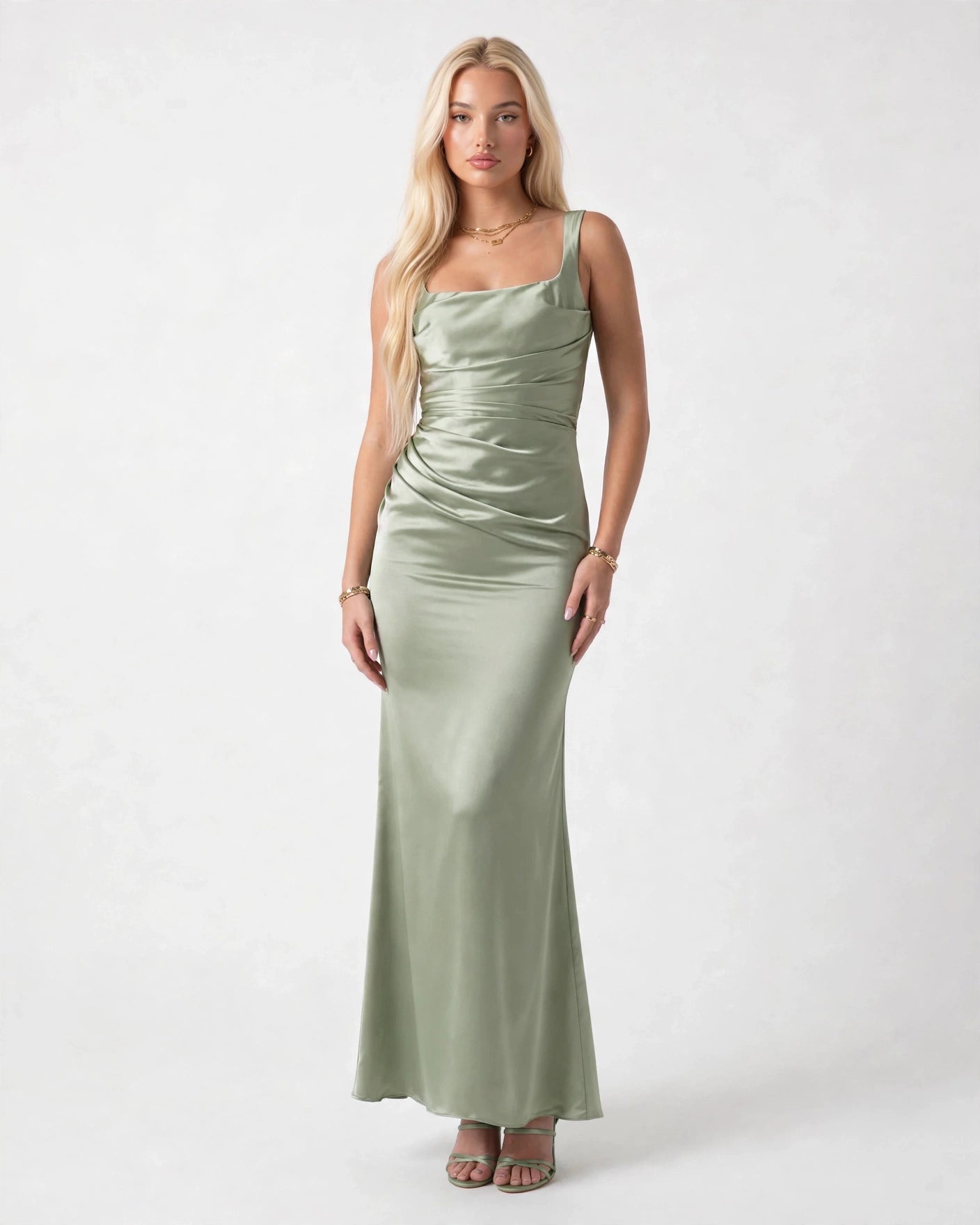 Nora sage green satin column maxi gown with draped bodice, front view
