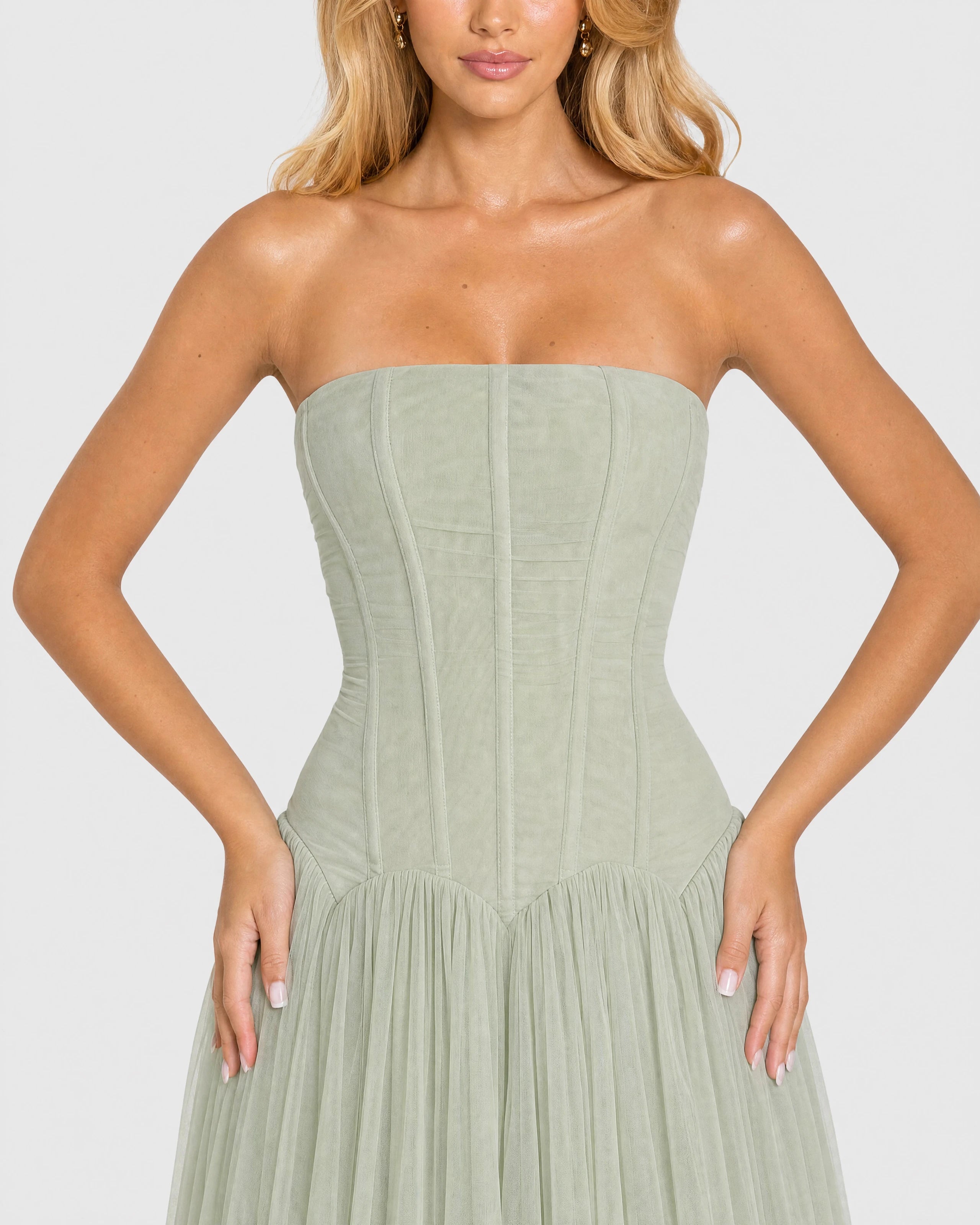 Odelie sage green tulle maxi gown - corset bodice close-up
