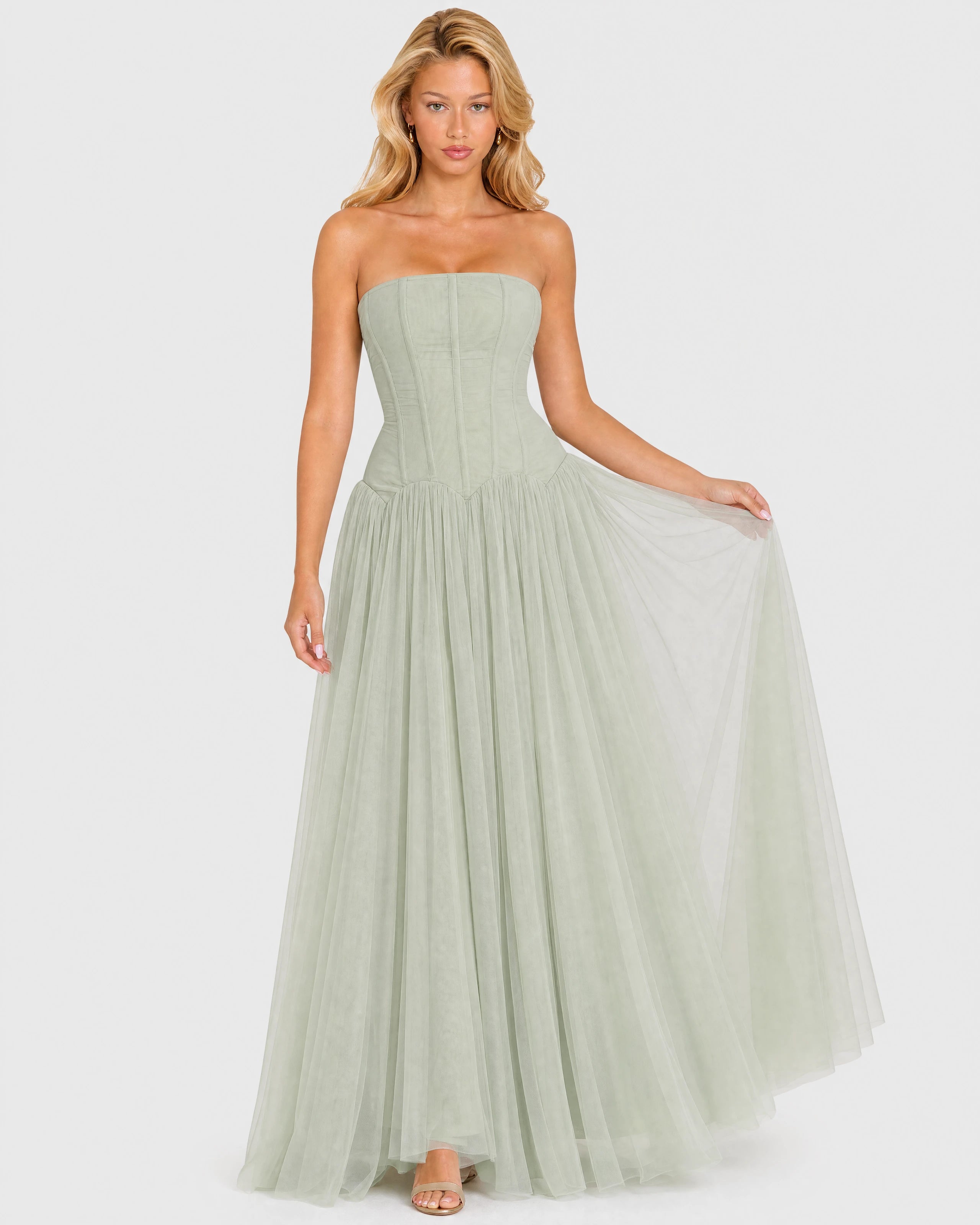 Odelie sage green tulle maxi gown - tulle skirt detail