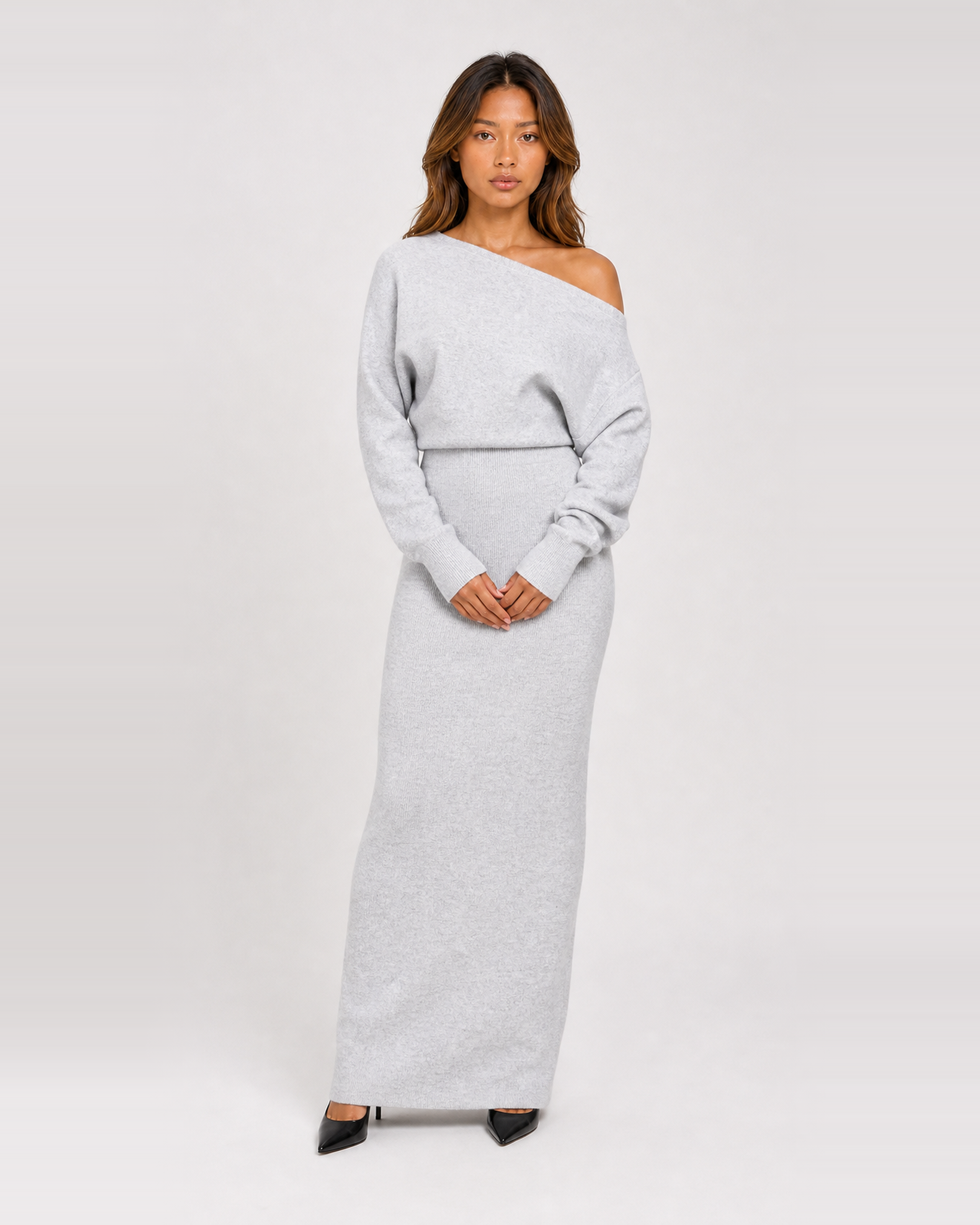 Odette Grey off-shoulder ribbed knit maxi dress, front view