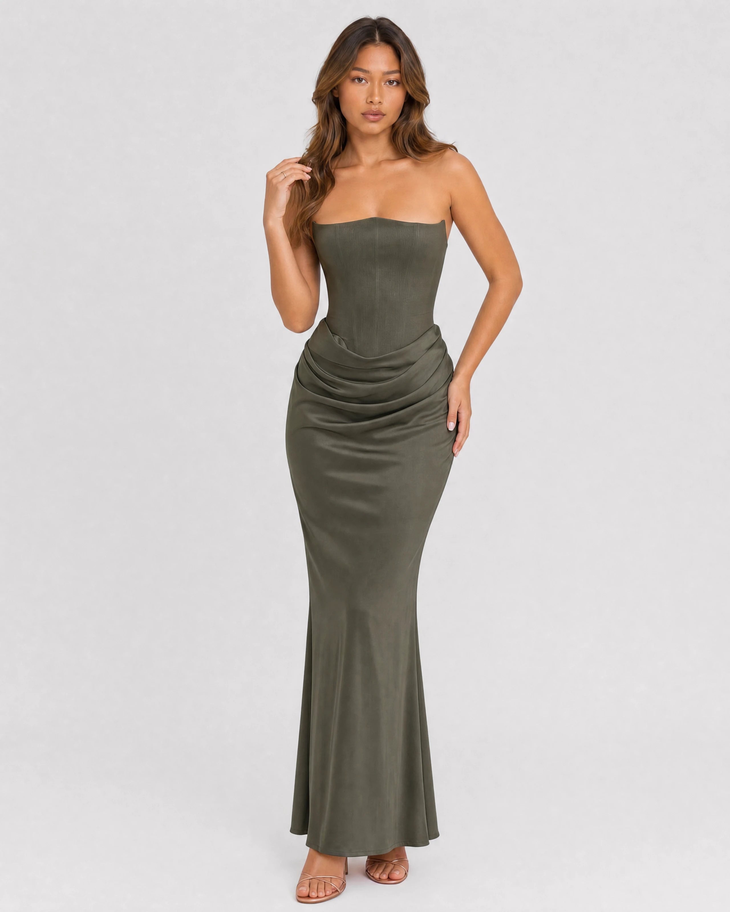 Ondine strapless satin corset maxi dress in olive green, front studio