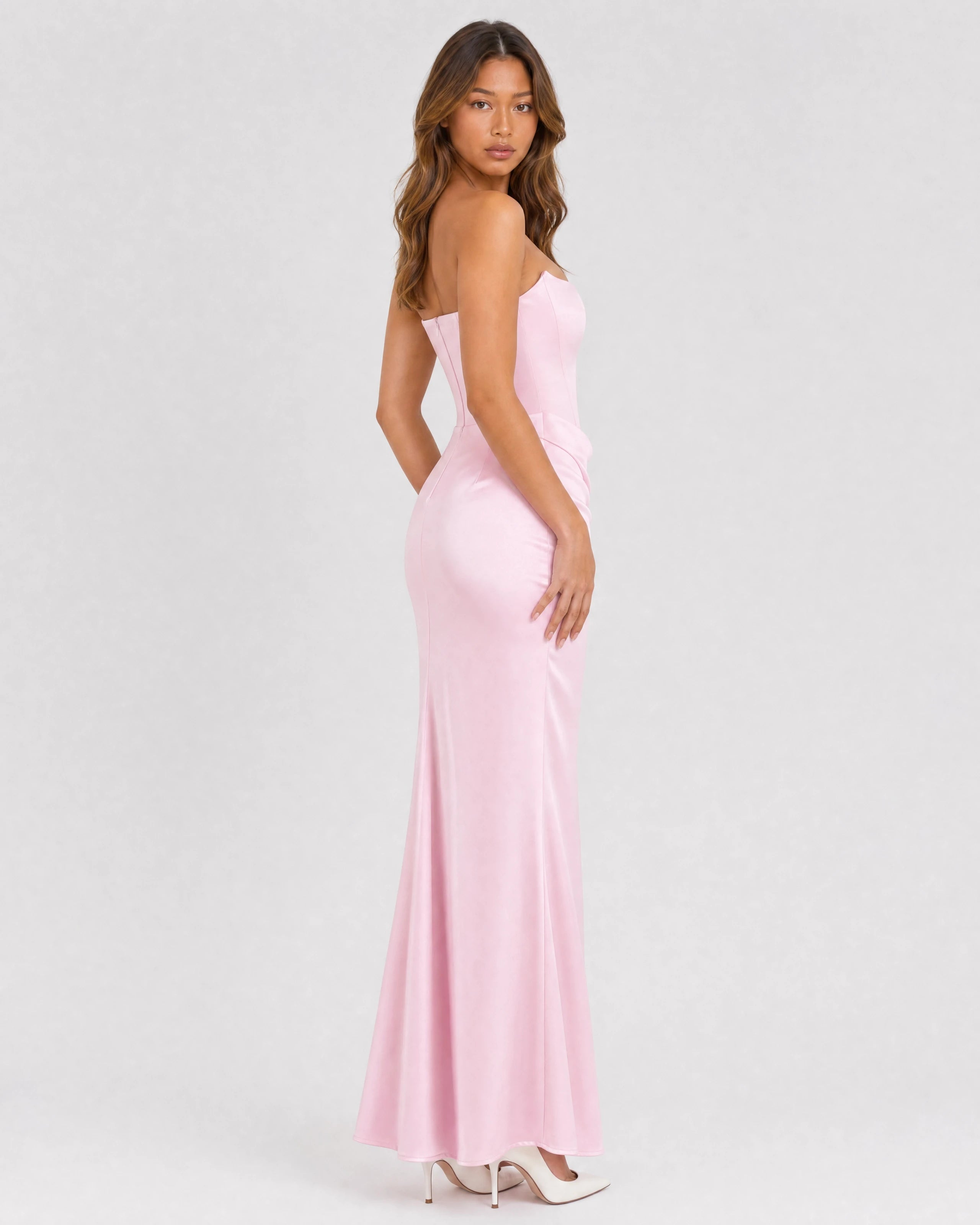 Ondine strapless satin corset maxi dress in pink, front variant