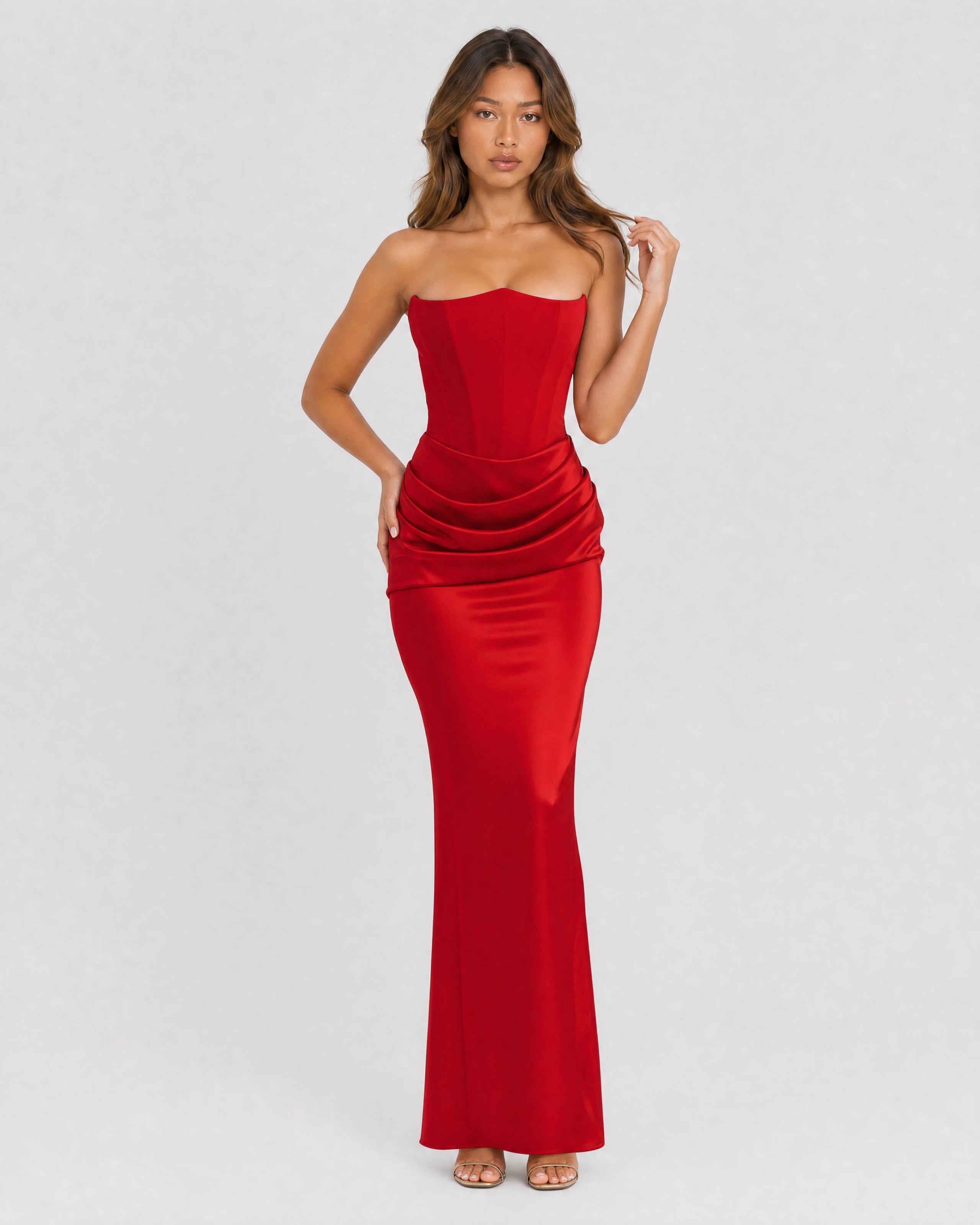 Ondine strapless satin corset maxi dress in red, front variant