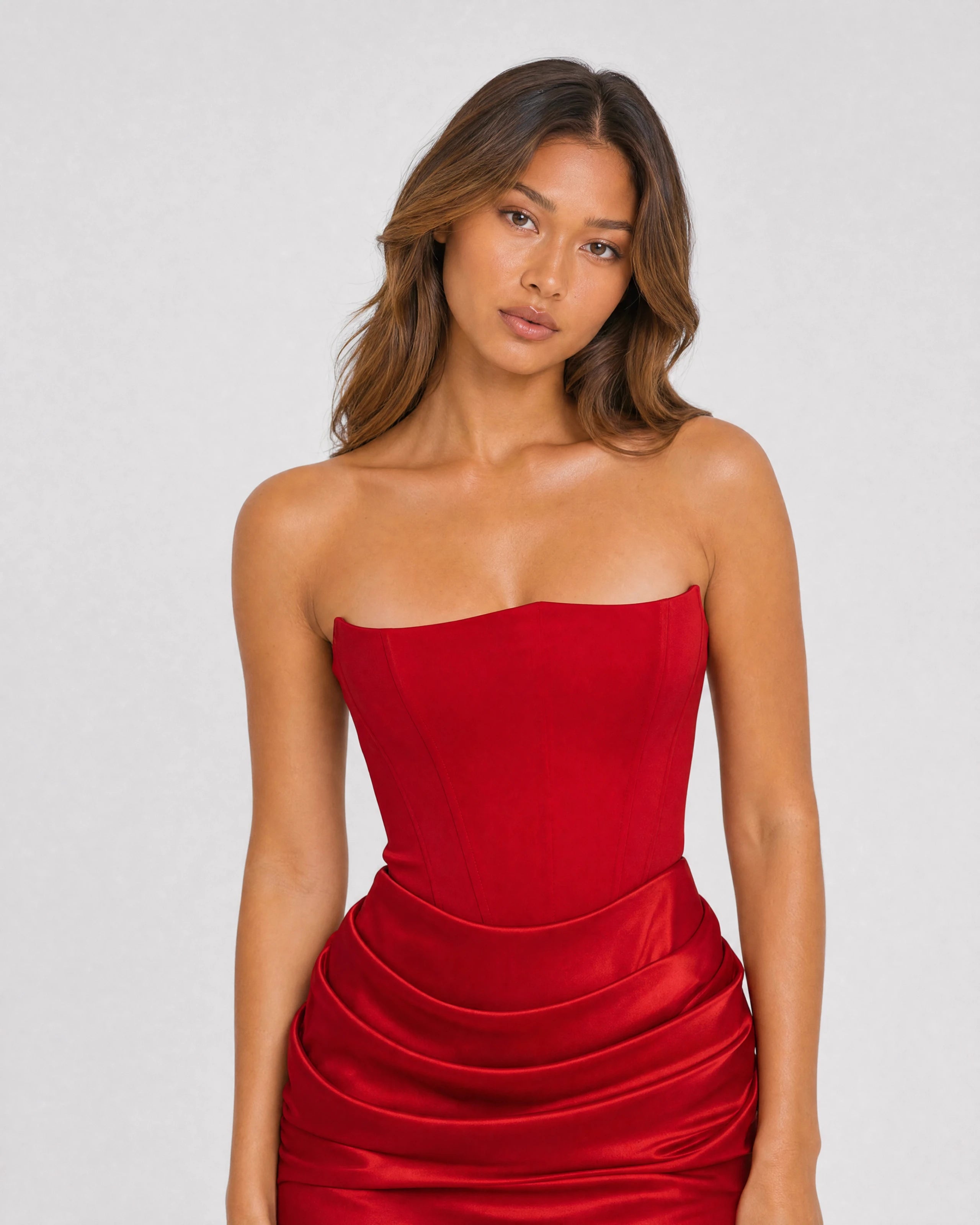 Ondine strapless satin corset maxi dress in red, waist-up close-up