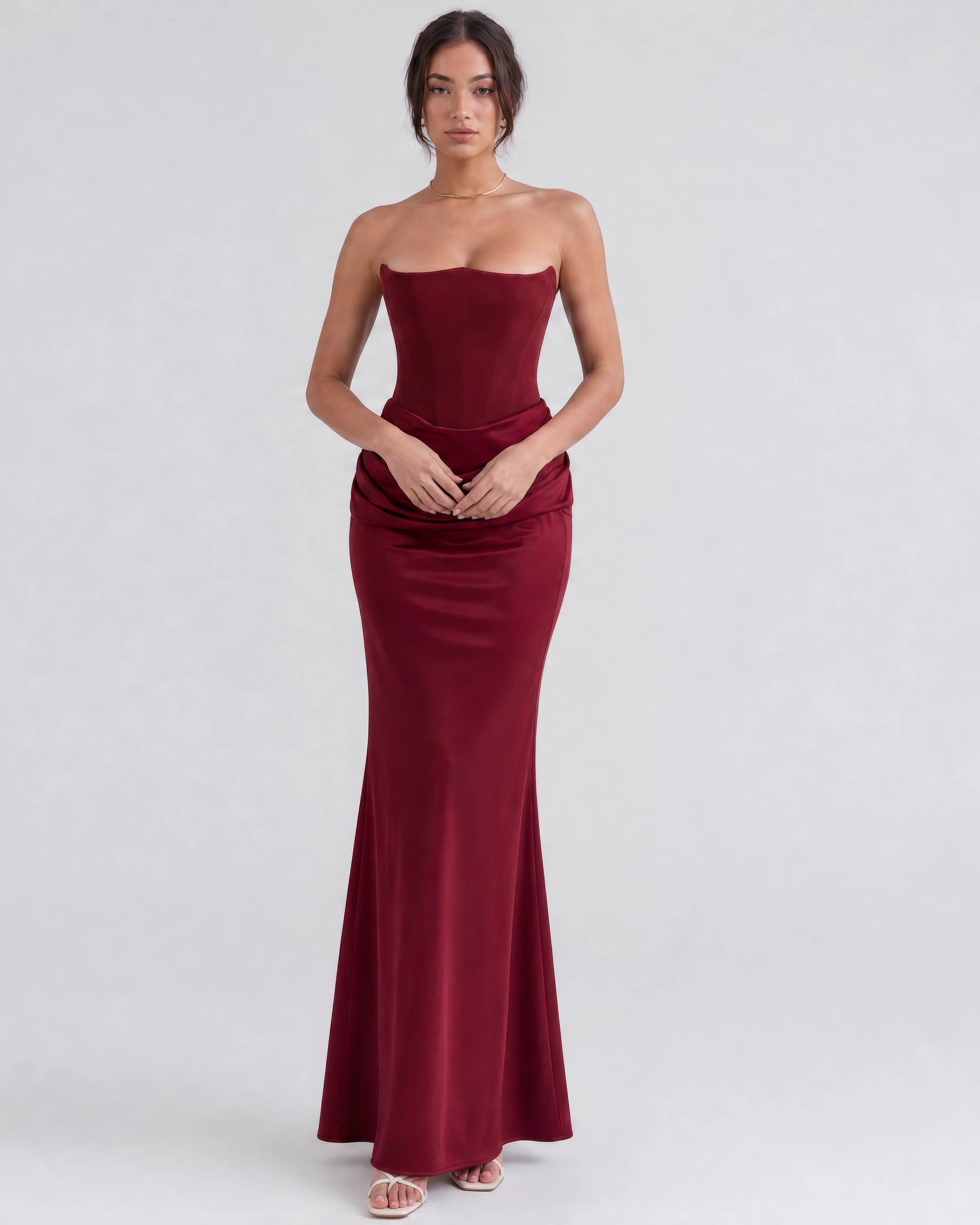 Ondine strapless corset maxi dress in wine red