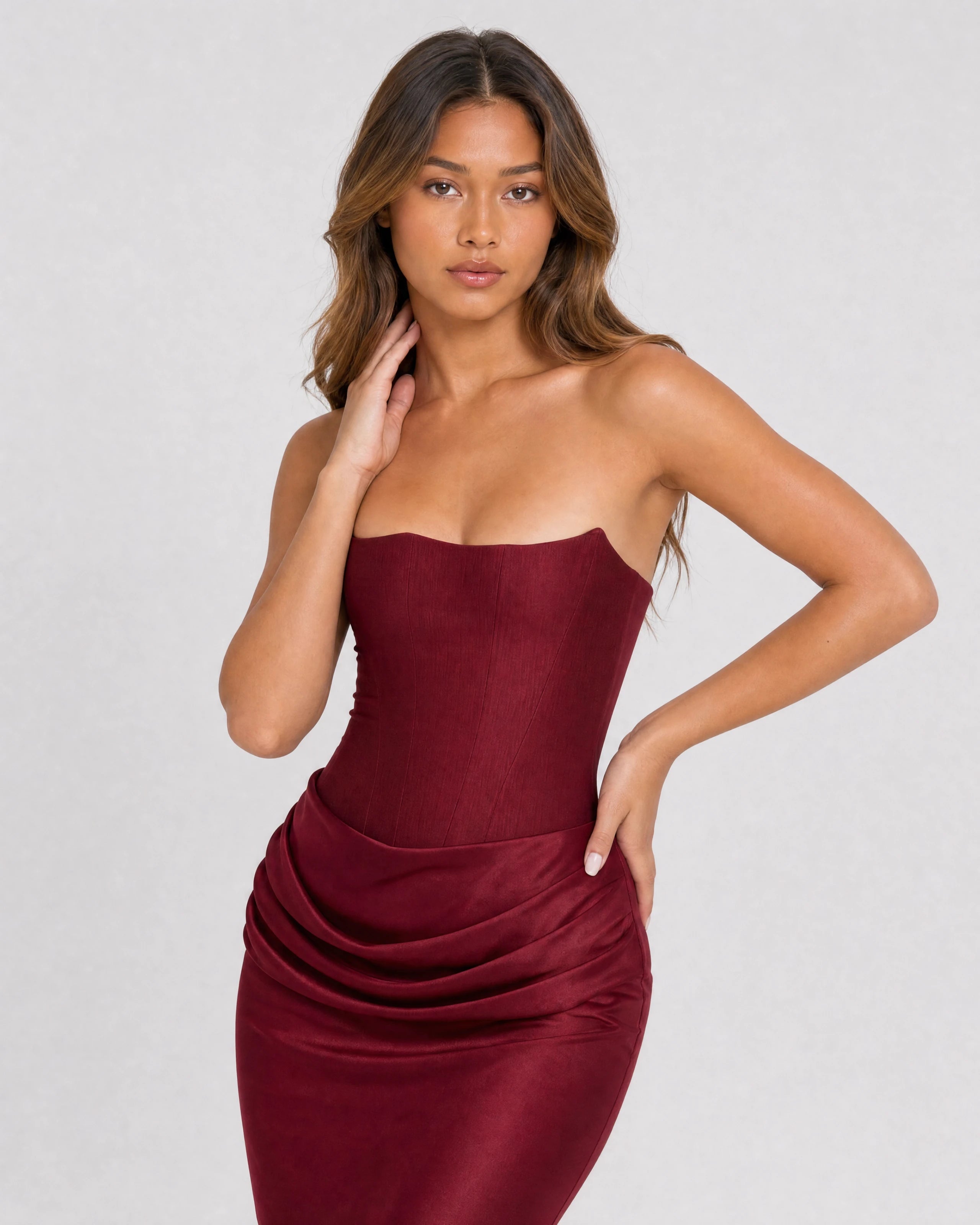 Ondine strapless satin corset maxi dress in wine red, waist-up close-up