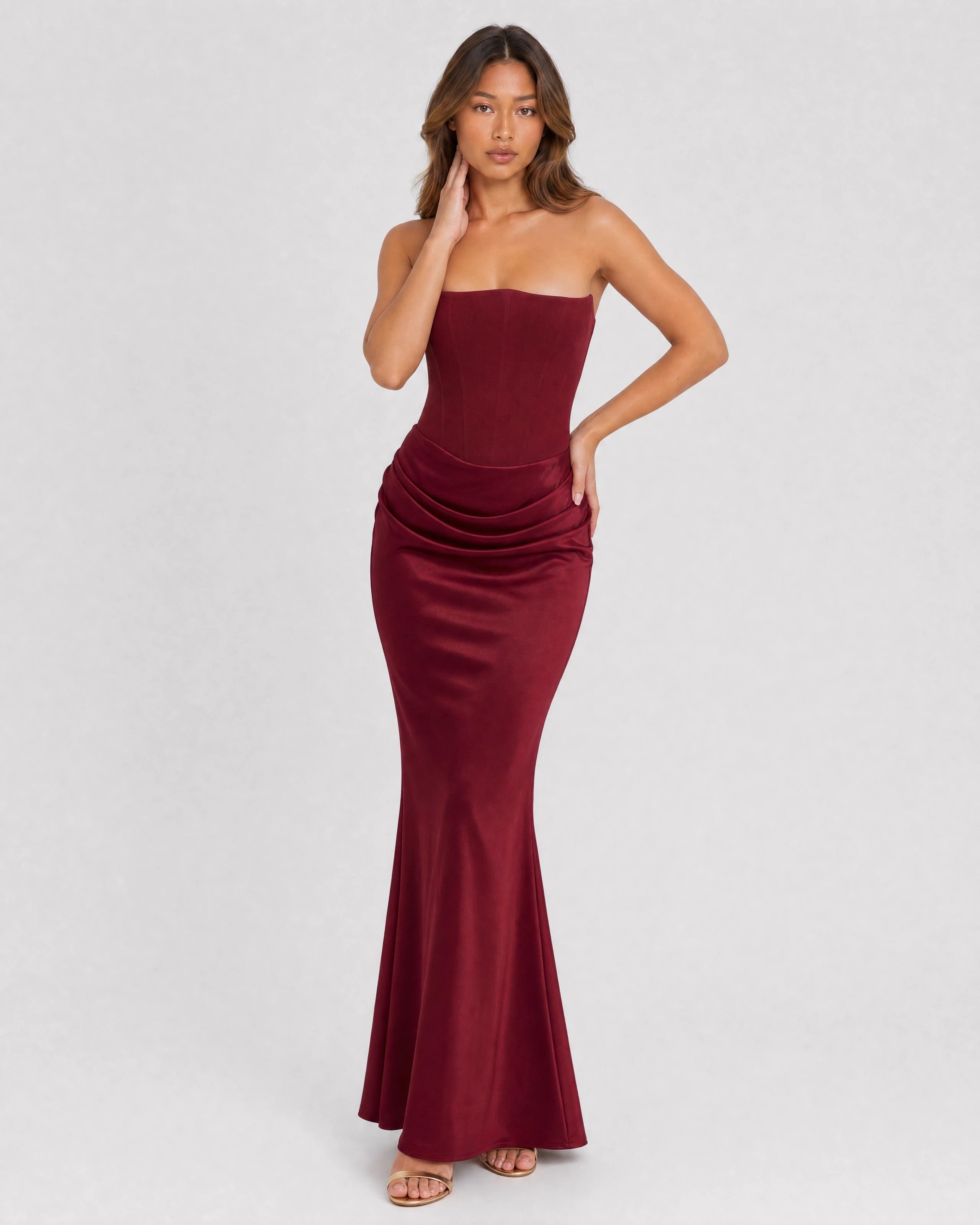 Ondine strapless satin corset maxi dress in wine red, three-quarter front