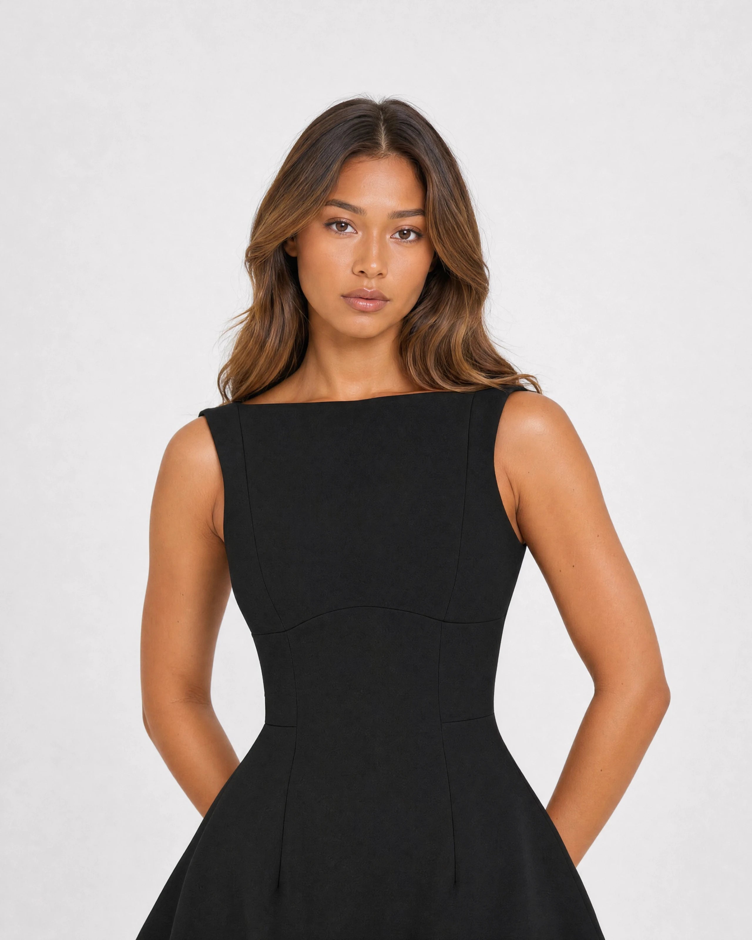 Poppy black boat neck mini dress with bubble skirt - waist-up close-up