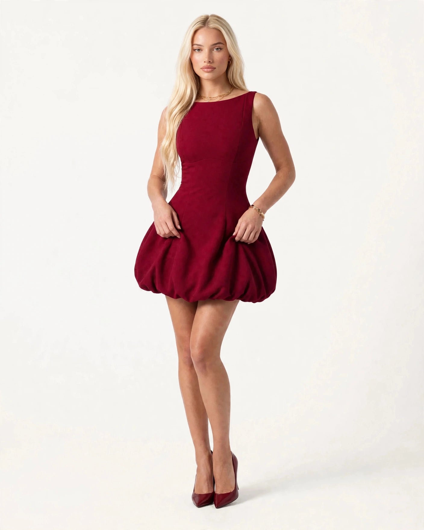 Poppy wine red boat neck mini dress with bubble skirt - front view