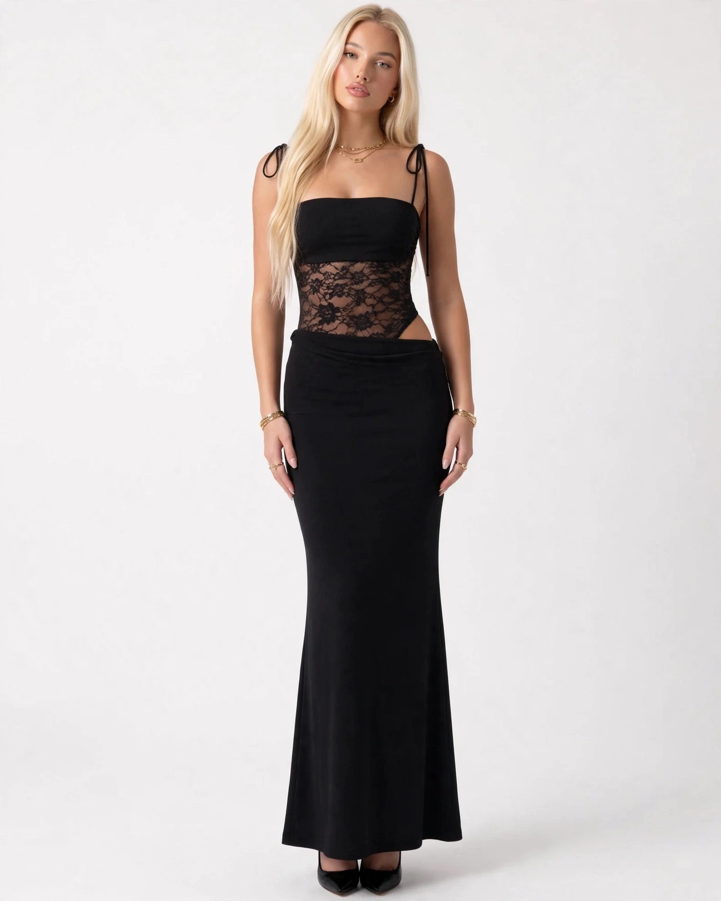 Rosalie black lace-waist maxi dress with tie straps, front view