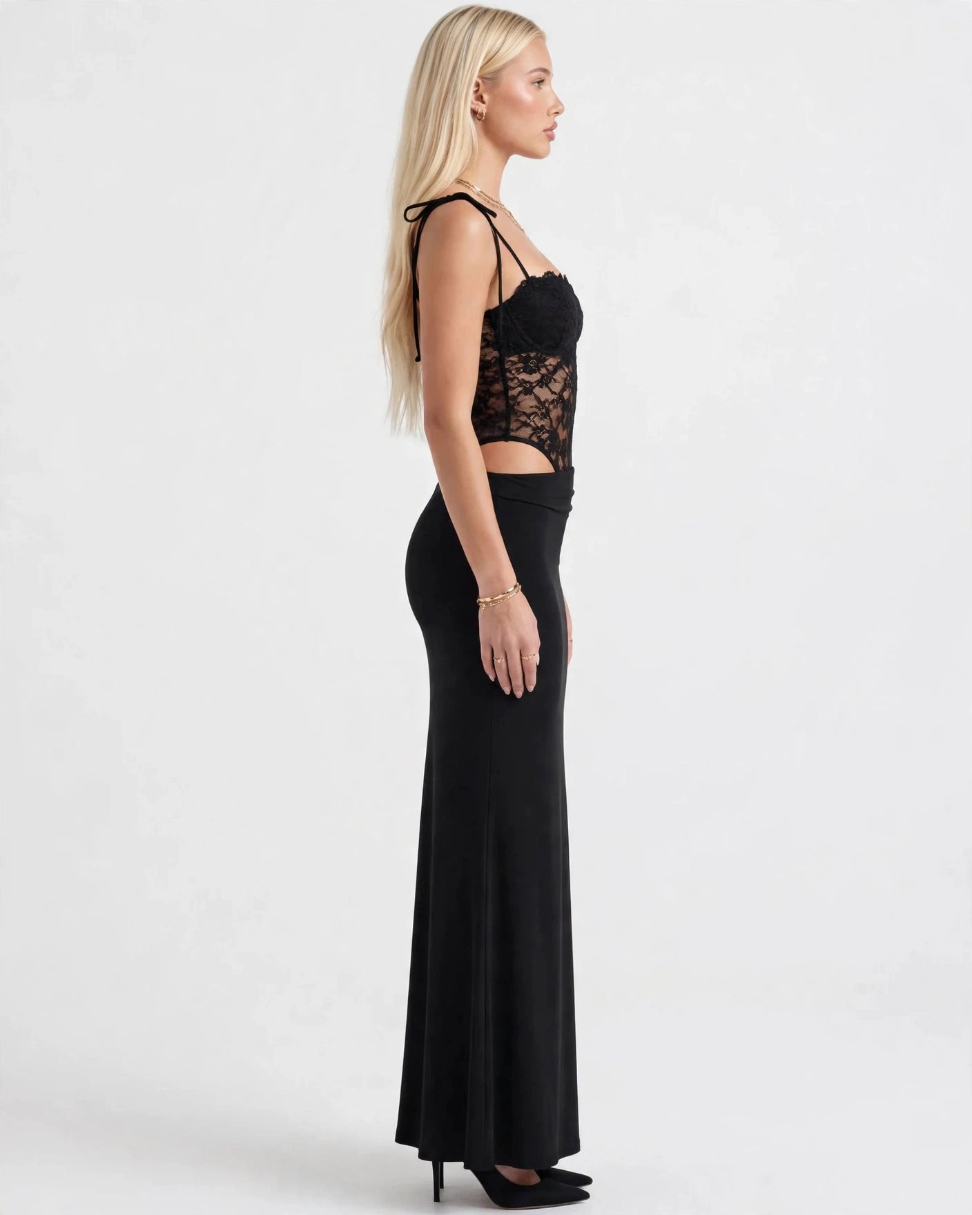 Rosalie black lace-waist maxi dress, side view