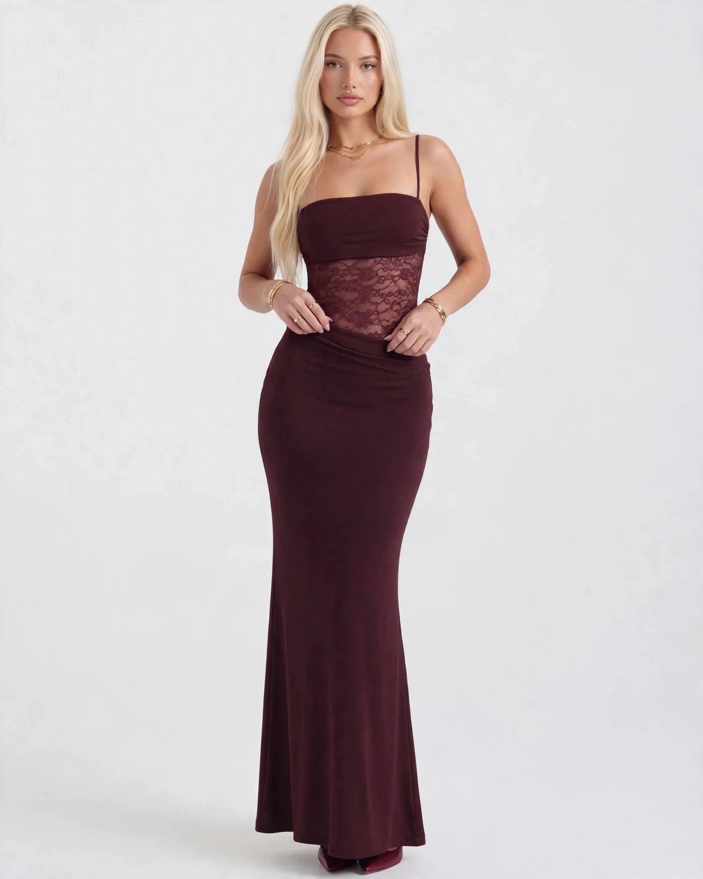 Rosalie burgundy lace-waist maxi dress with tie straps, front view