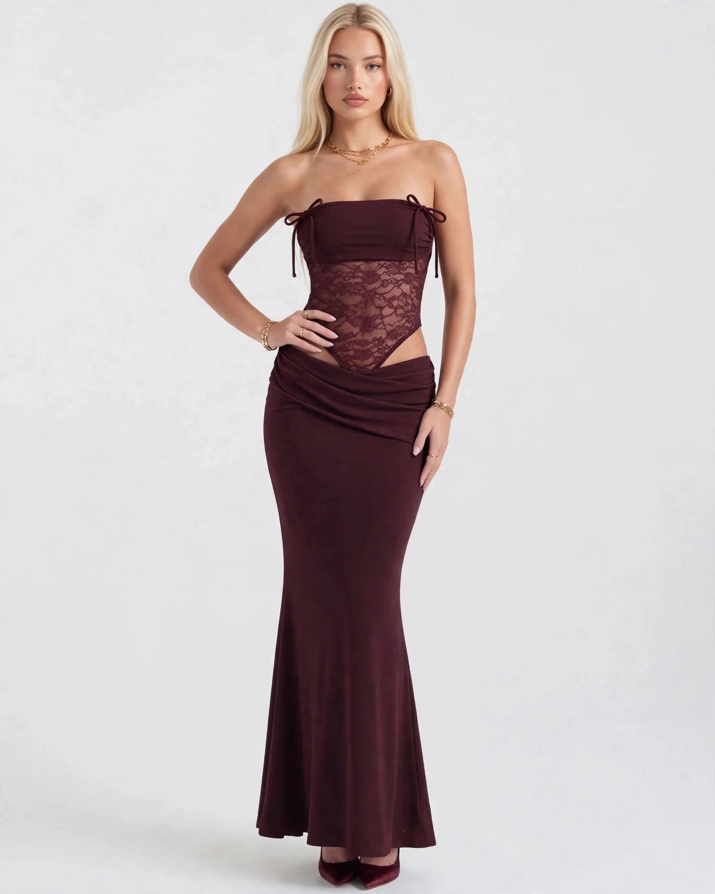 Rosalie burgundy lace-waist maxi dress with tie straps, front view