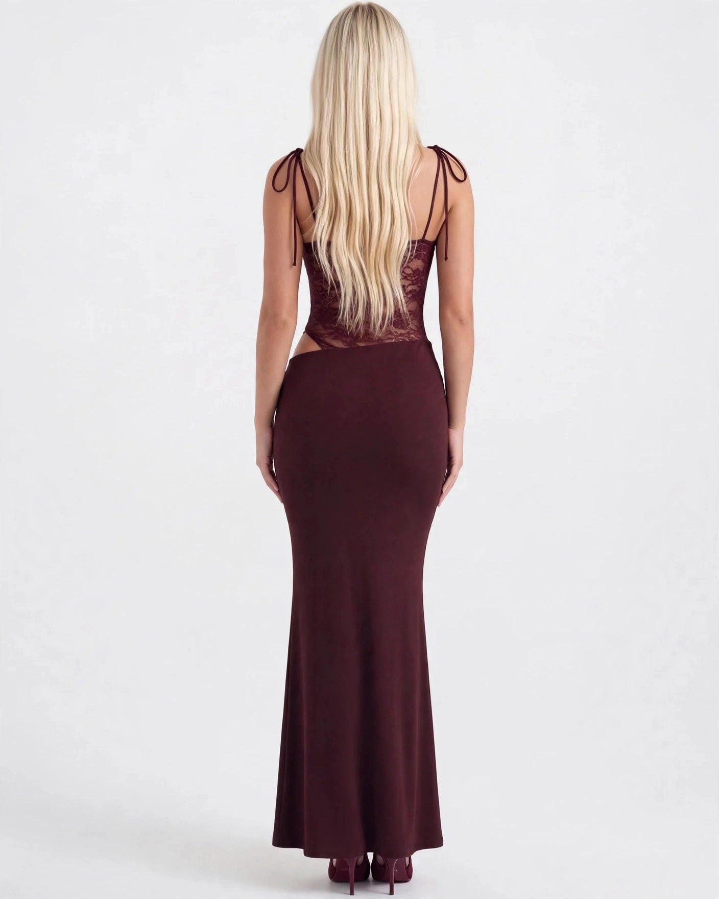Rosalie burgundy lace-waist maxi dress, back view