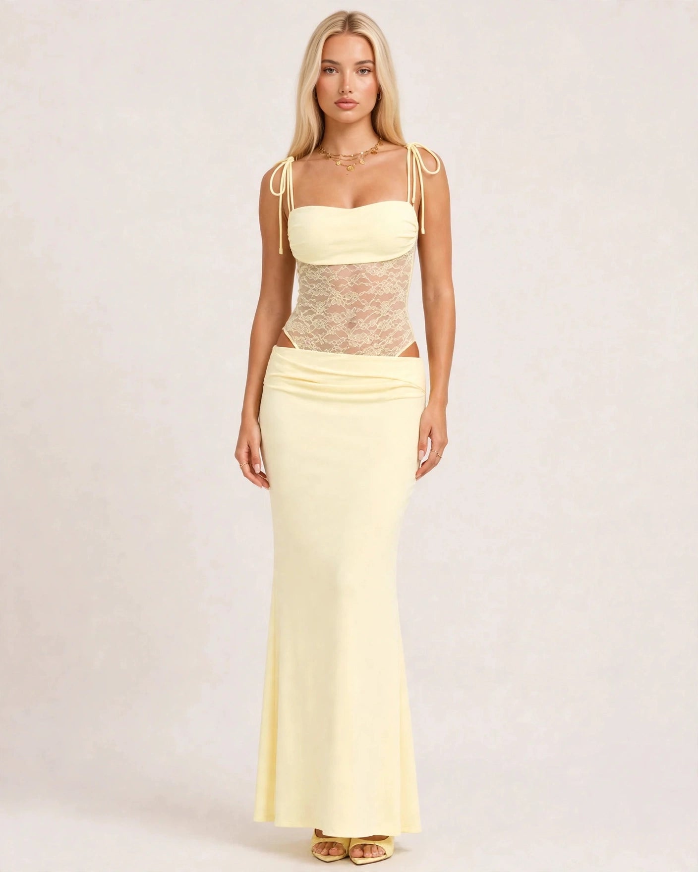 Rosalie butter yellow lace-waist maxi dress with tie straps, front view