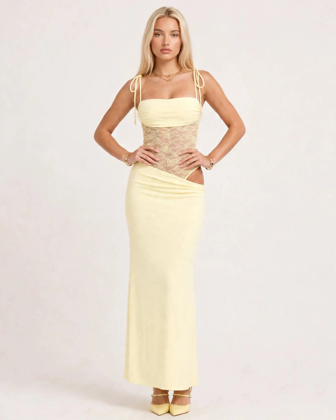 Rosalie butter yellow lace-waist maxi dress with tie straps, front view