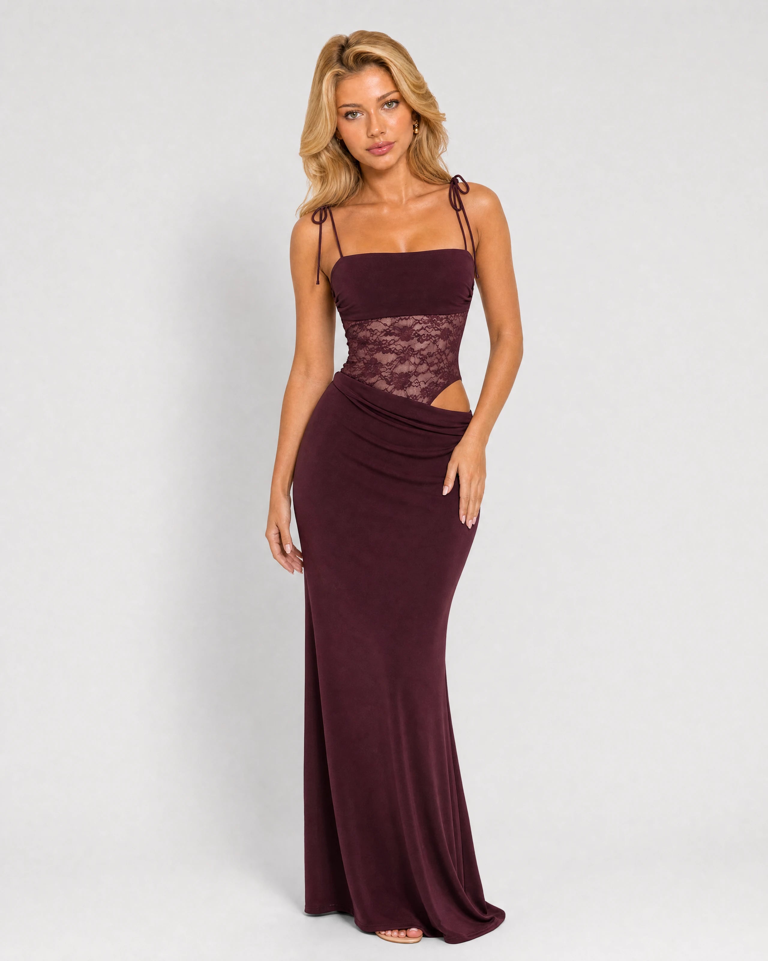 Rosalie burgundy lace-waist maxi dress - front