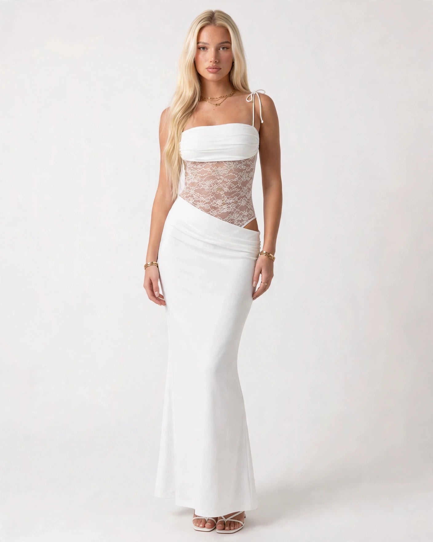 Rosalie white lace-waist maxi dress with tie straps, front view
