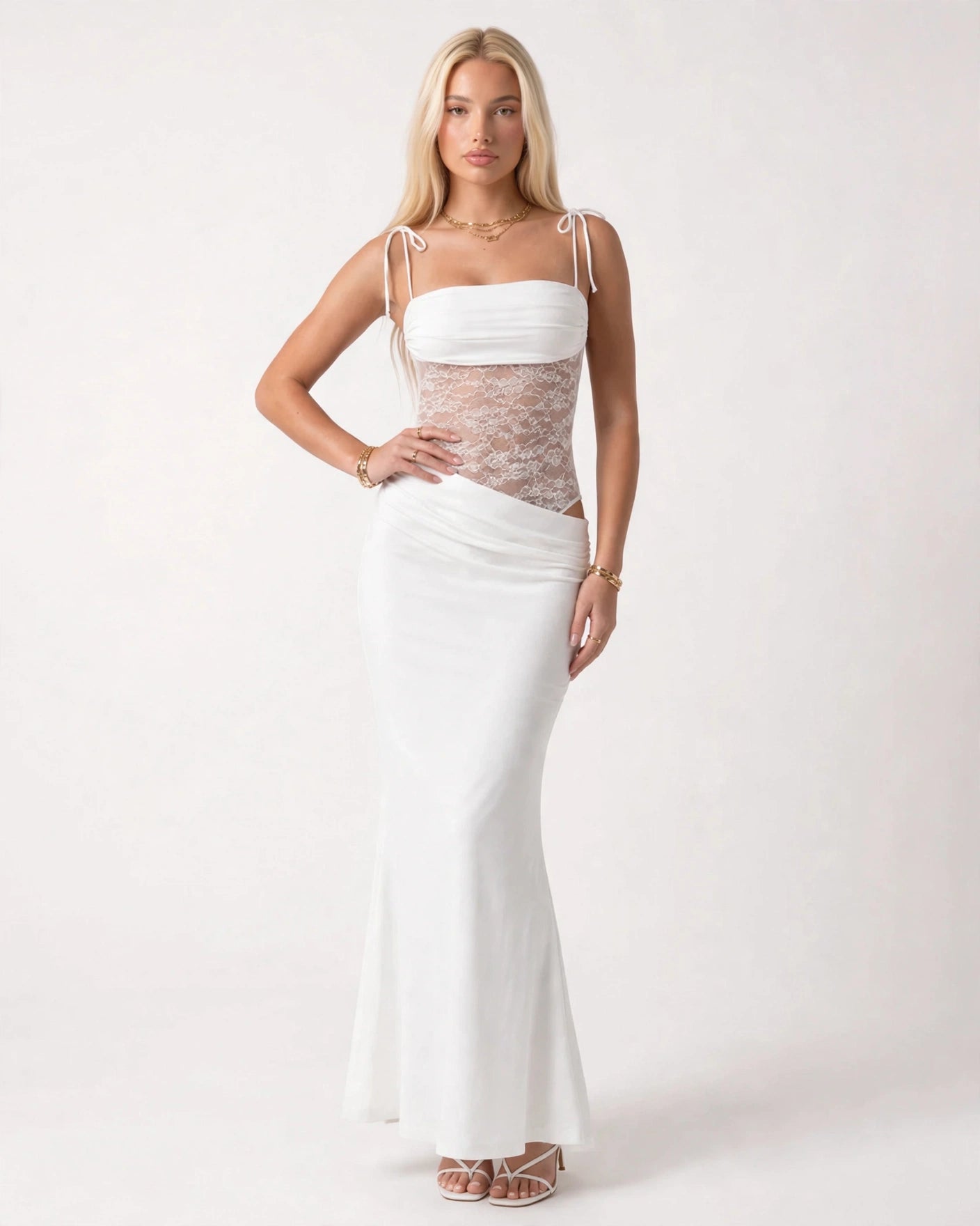 Rosalie white lace-waist maxi dress with tie straps, front view