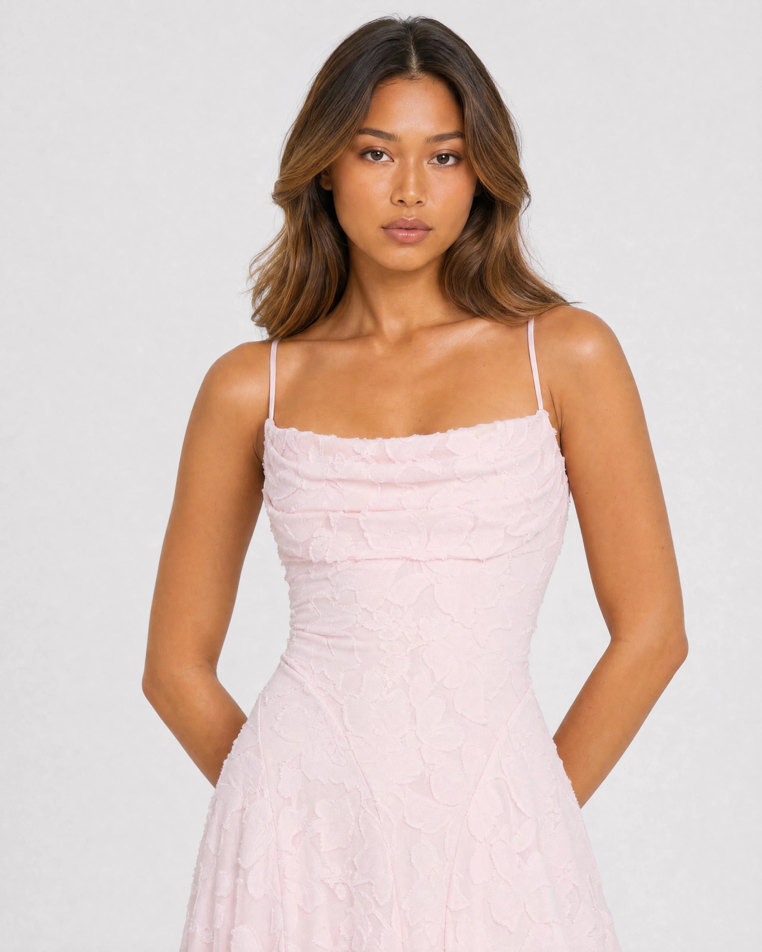 Rosewyn blush floral burnout maxi gown - waist-up close-up