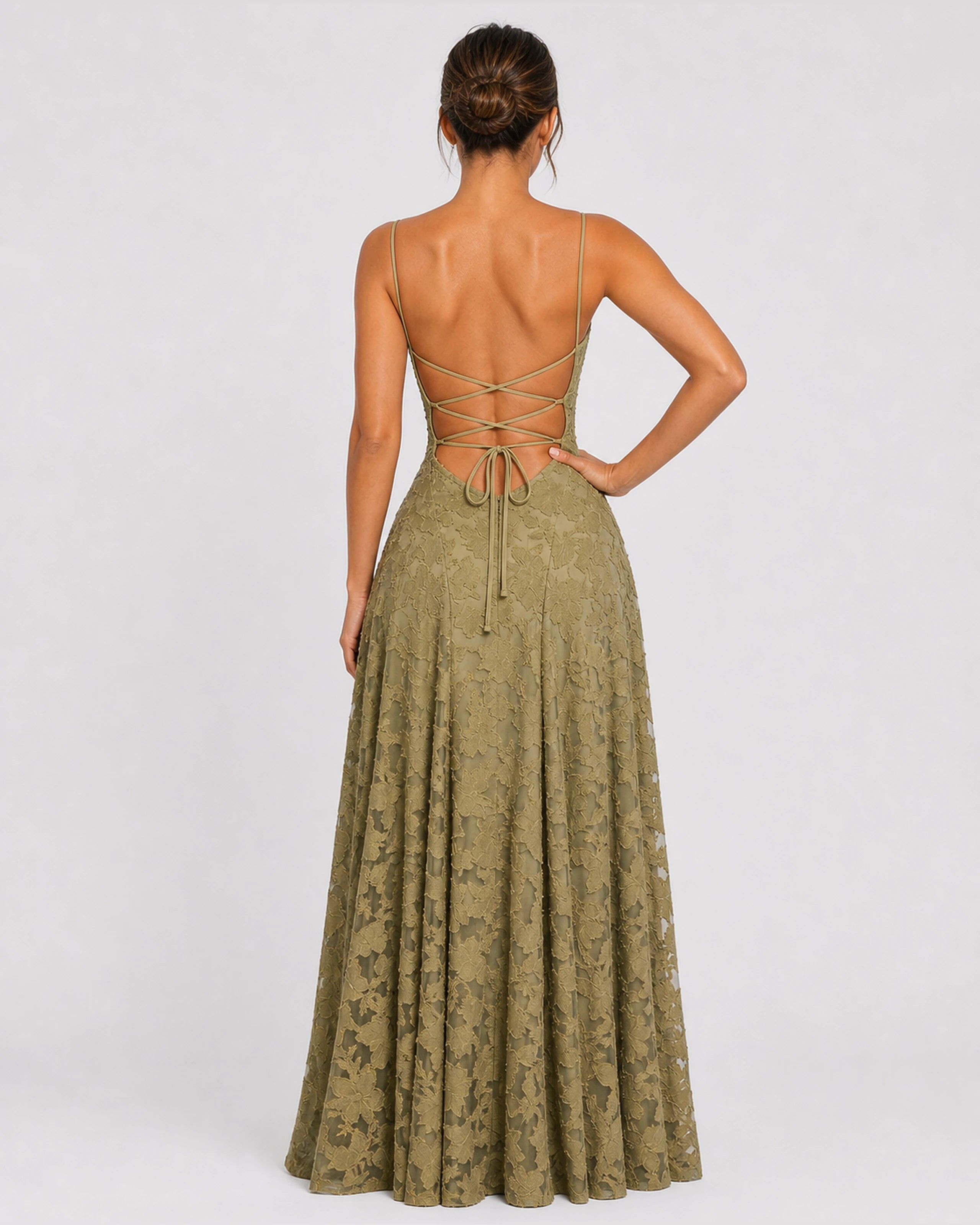 Rosewyn sage green floral burnout maxi gown - straight back view