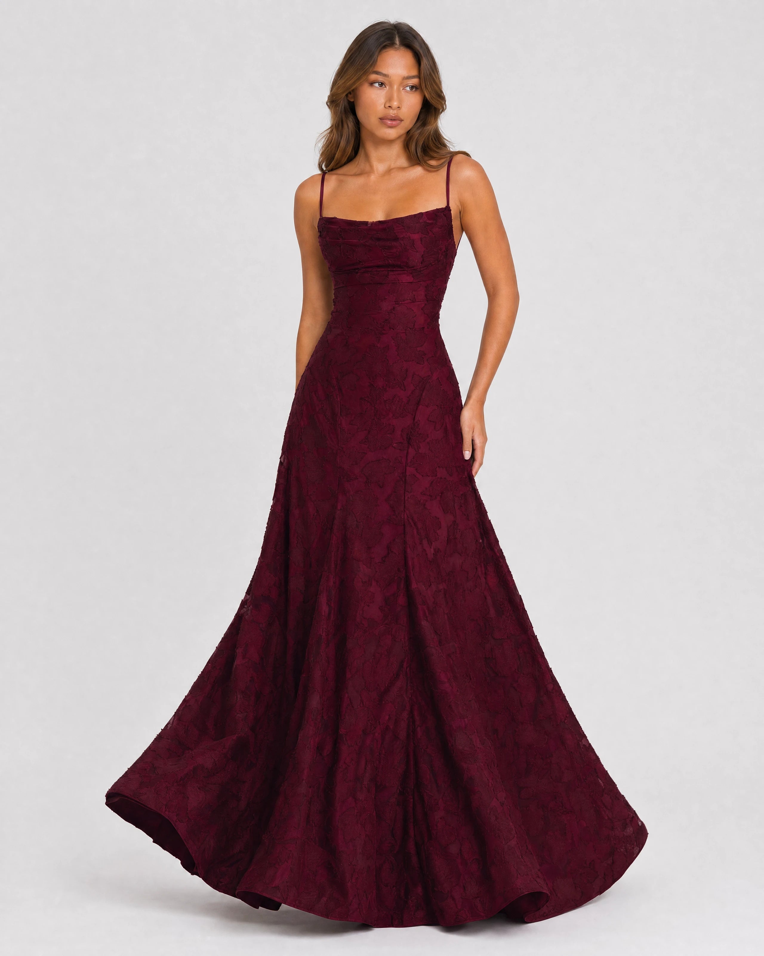 Rosewyn wine red floral burnout maxi gown - front view alternate pose