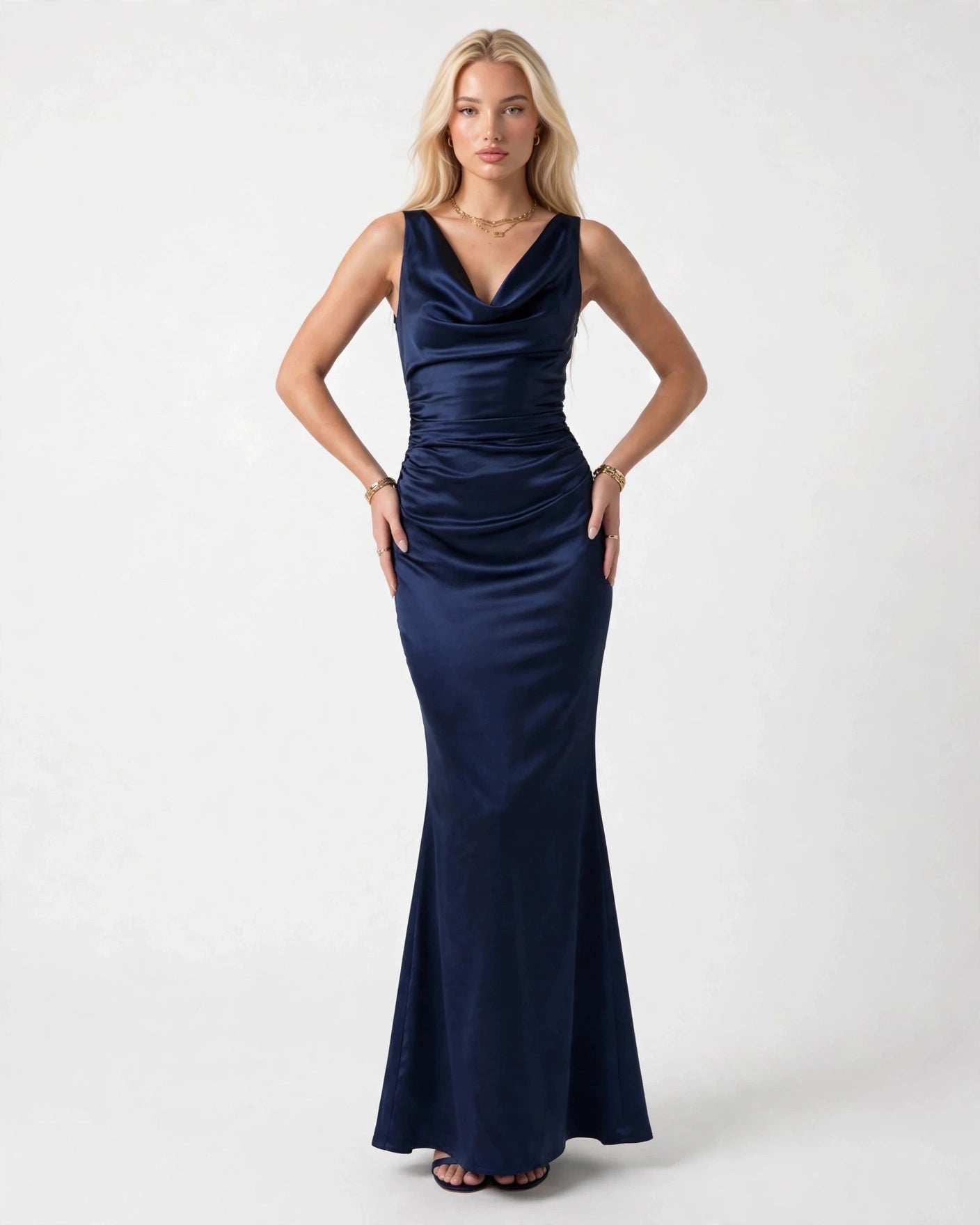Sabine navy satin cowl neck maxi dress with draped open back, front view