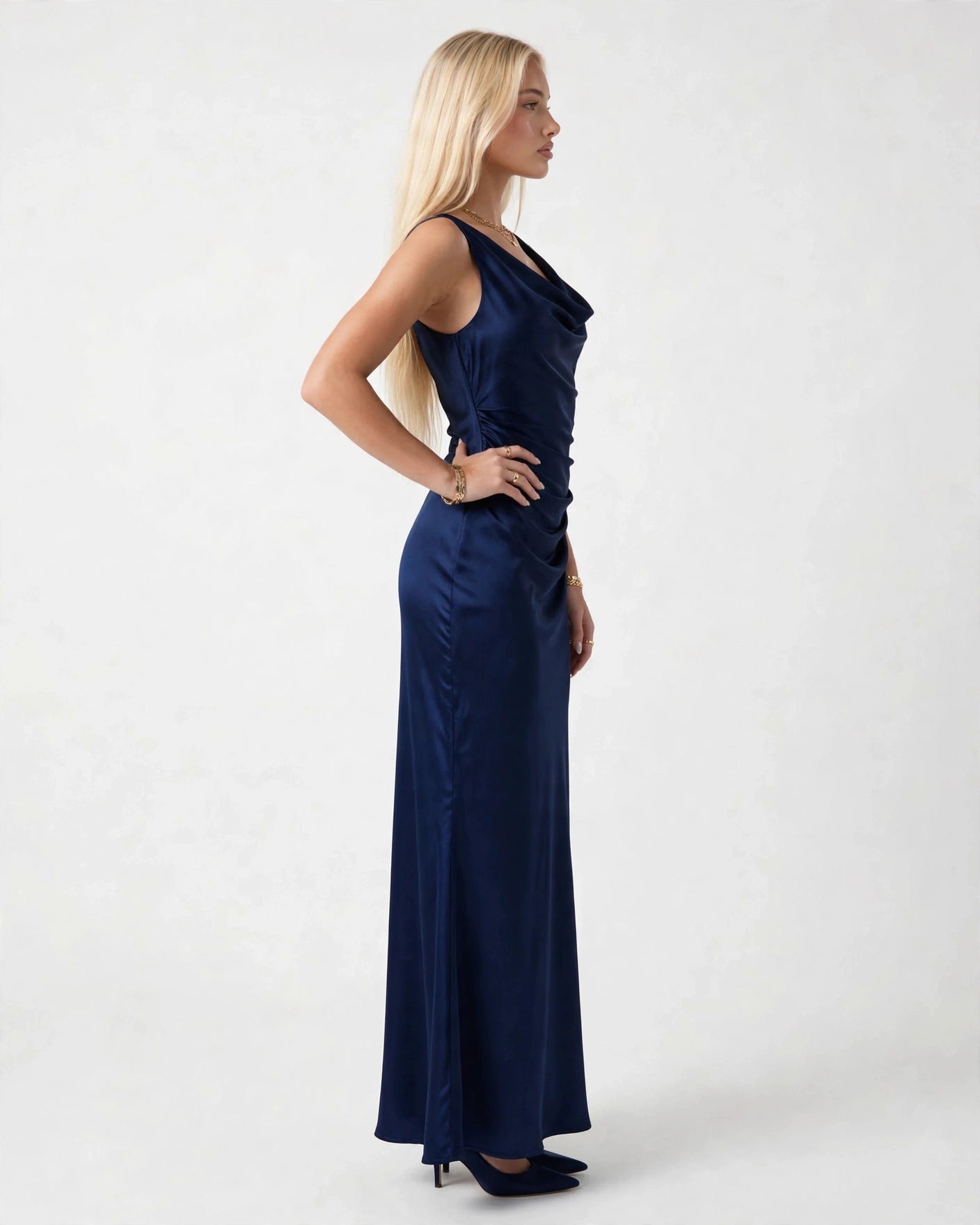Sabine navy satin cowl neck maxi dress, side view