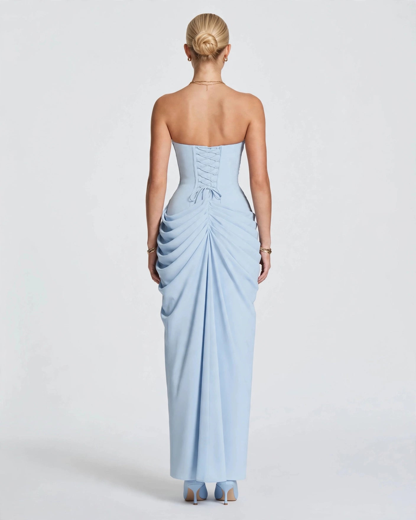 Seraphine baby blue pleated chiffon maxi dress corset lacing, back view