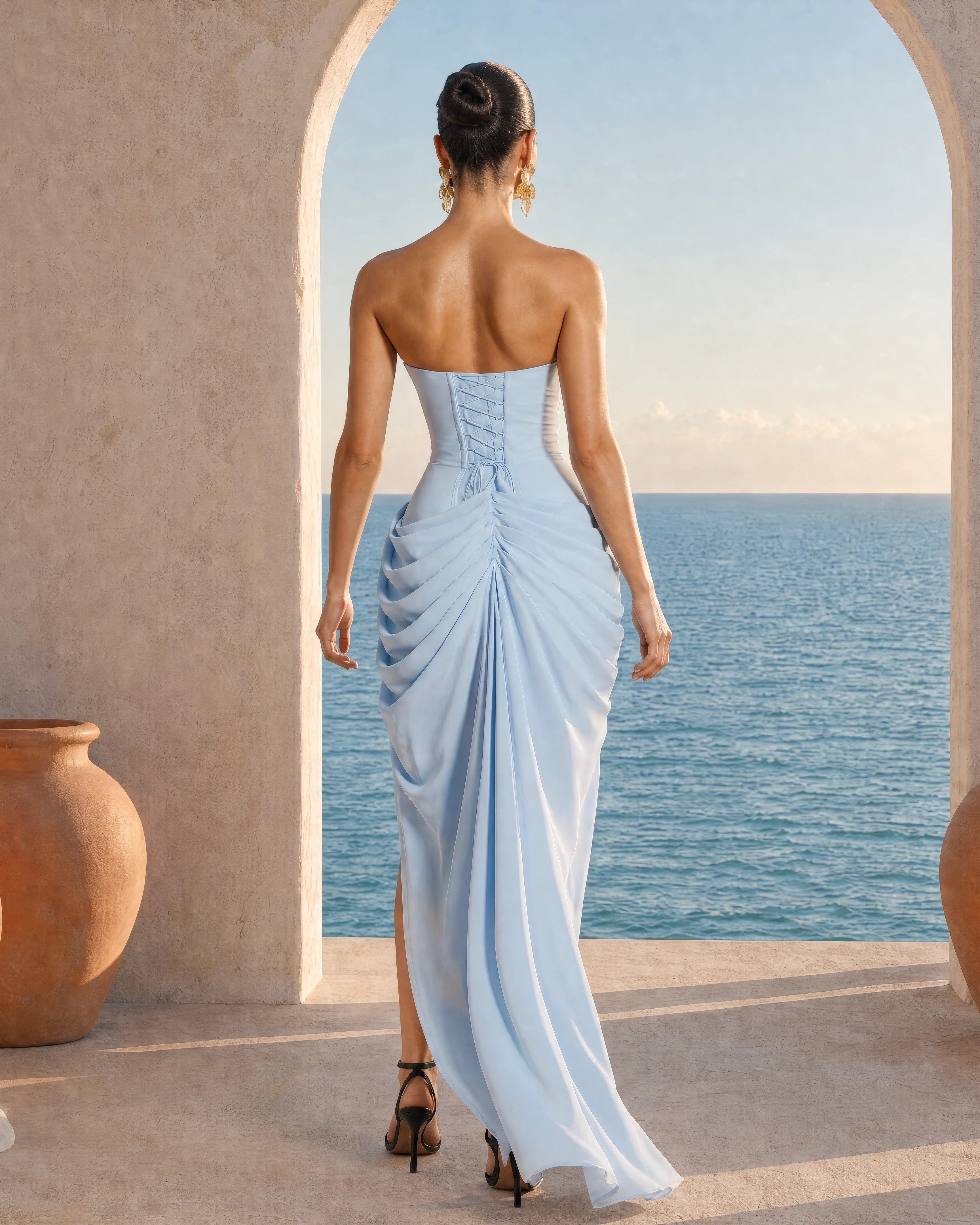 Seraphine baby blue pleated corset maxi dress
