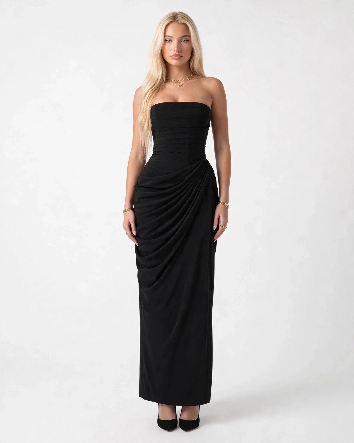 Seraphine black strapless corset column maxi gown, front view