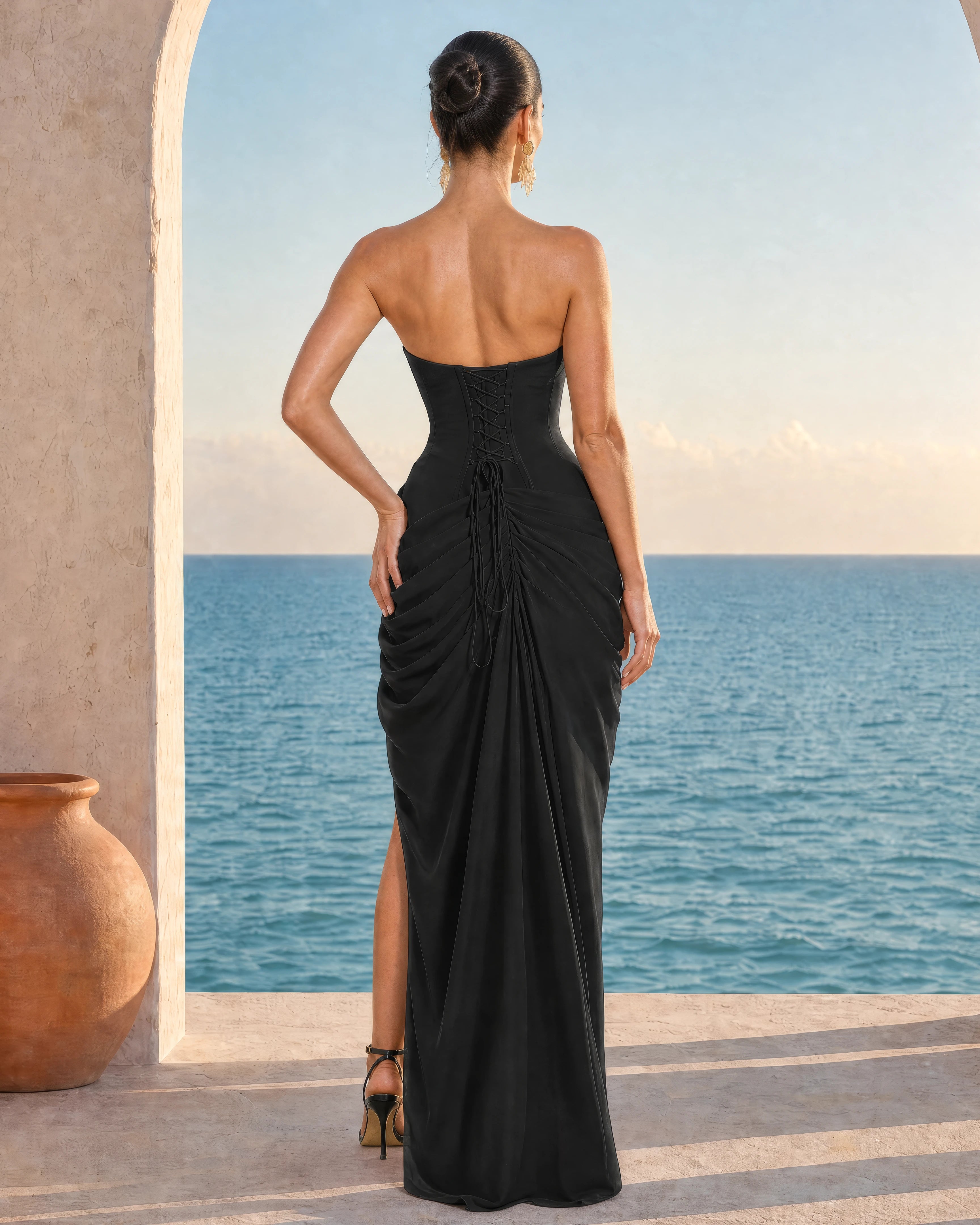 Seraphine black pleated corset maxi dress