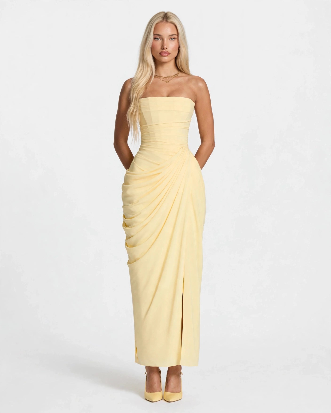Seraphine butter yellow pleated corset maxi dress, front view