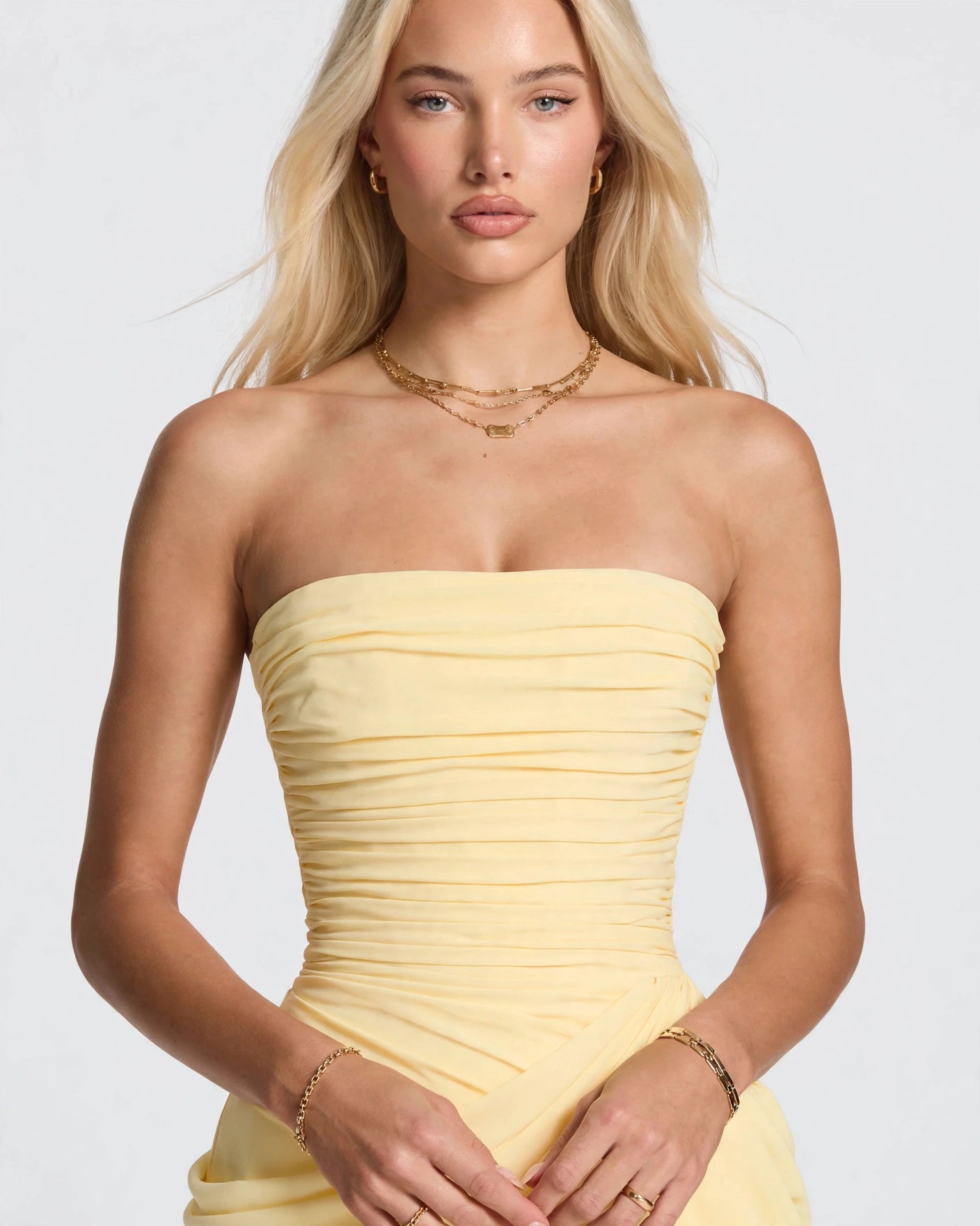 Seraphine butter yellow dress corset bodice and ruched detail close-up