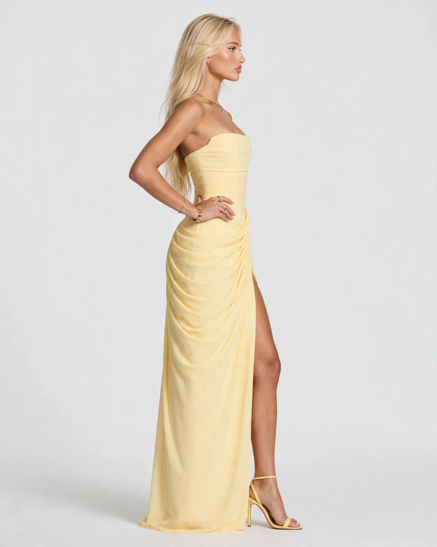 Seraphine butter yellow pleated corset maxi dress, side view
